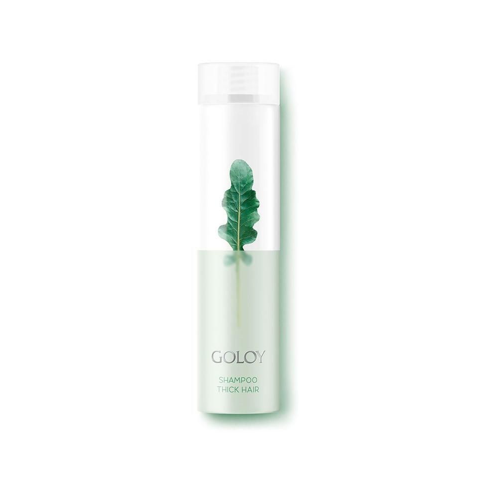 GOLOY Shampoo für dickes Haar, weiße Flasche mit grüner Blattgrafik.