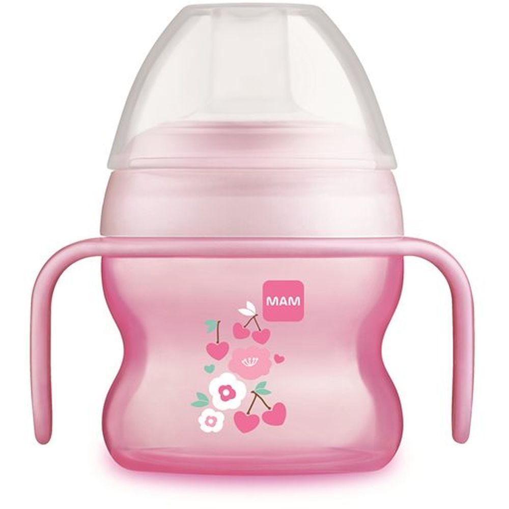 Rosa Trinklernbecher mit Griffen. Aufdruck mit Kirschen und Blumen. MAM Logo.