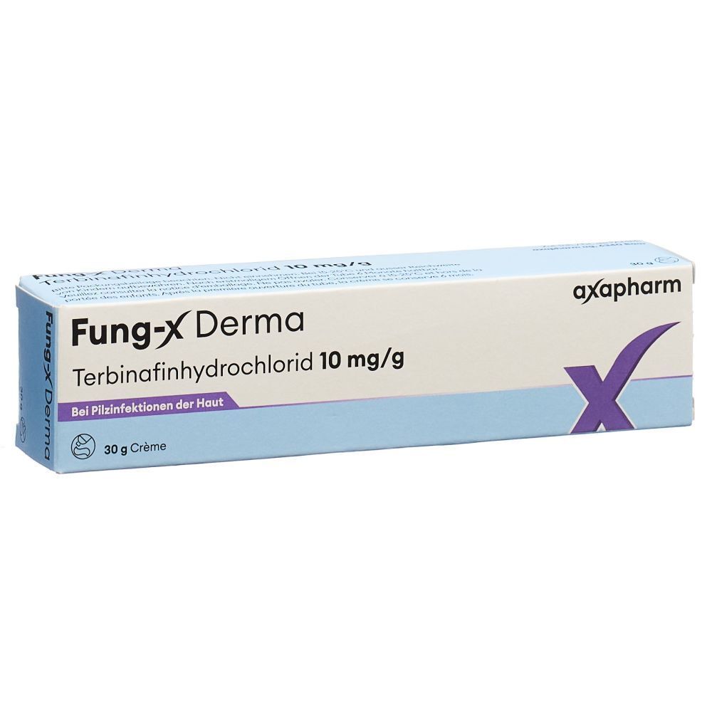 Tube de crème avec nom du produit et indication de l'ingrédient actif. Inscription : Fung-X Derma, Terbinafine hydrochloride 10 mg/g. Emballage axapharm.