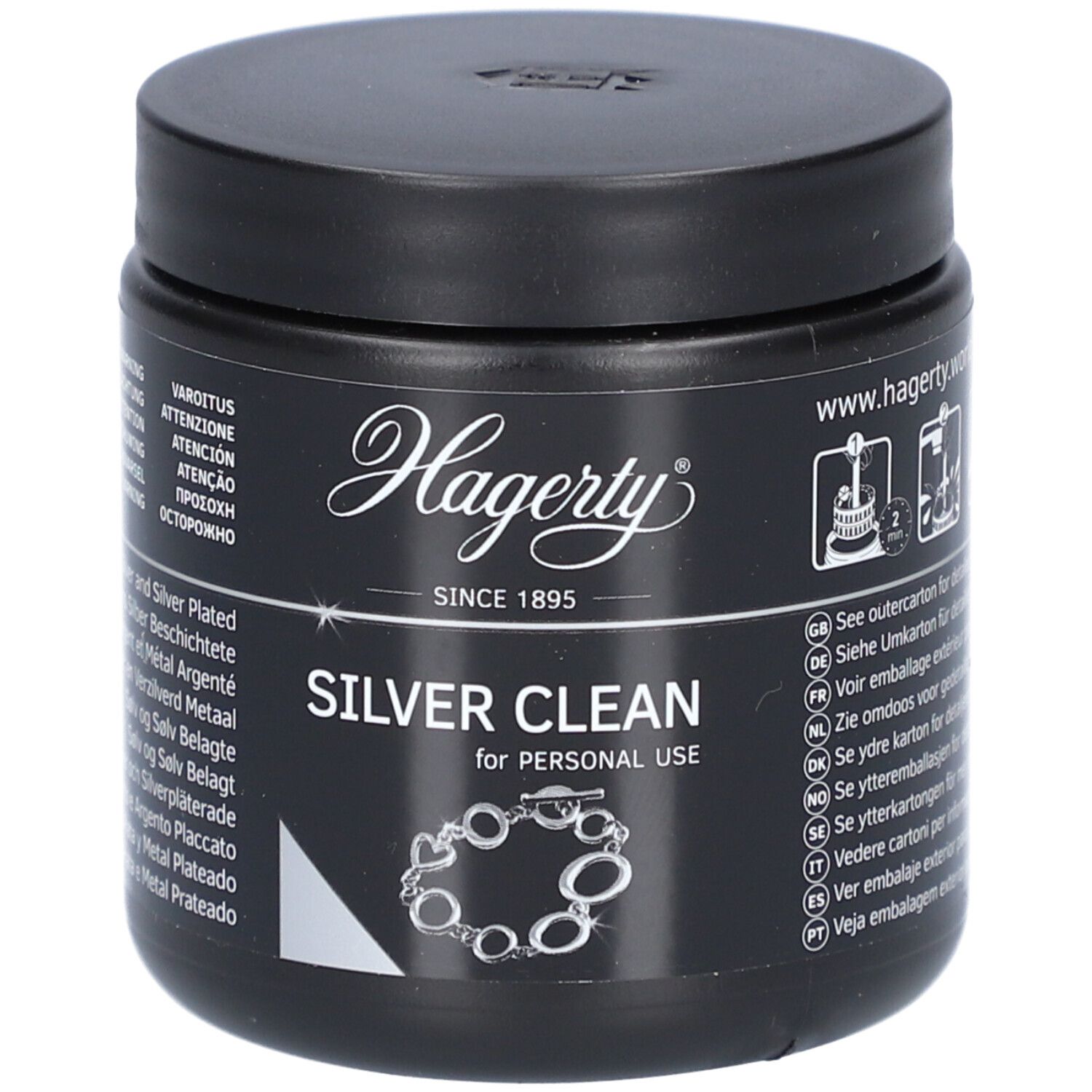 Schwarzes Gefäß mit Deckel. Aufschrift: Hagerty Silver Clean. Abbildung einer Kette. Für persönliche Nutzung.