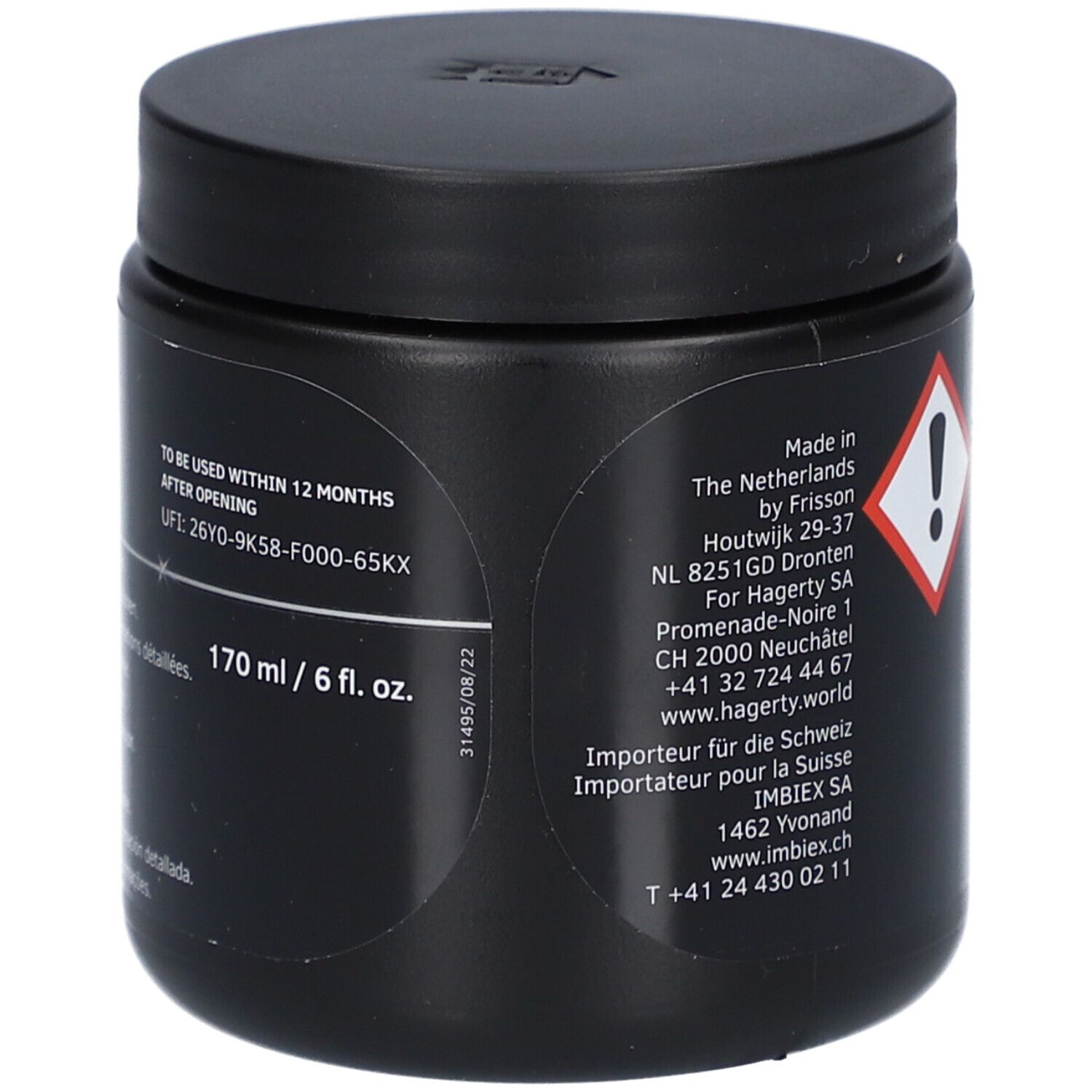 Schwarzes Gefäß. Aufschrift: Hagerty. Warnsymbol. Text: 170 ml / 6 fl. oz. Verfallsdatum.