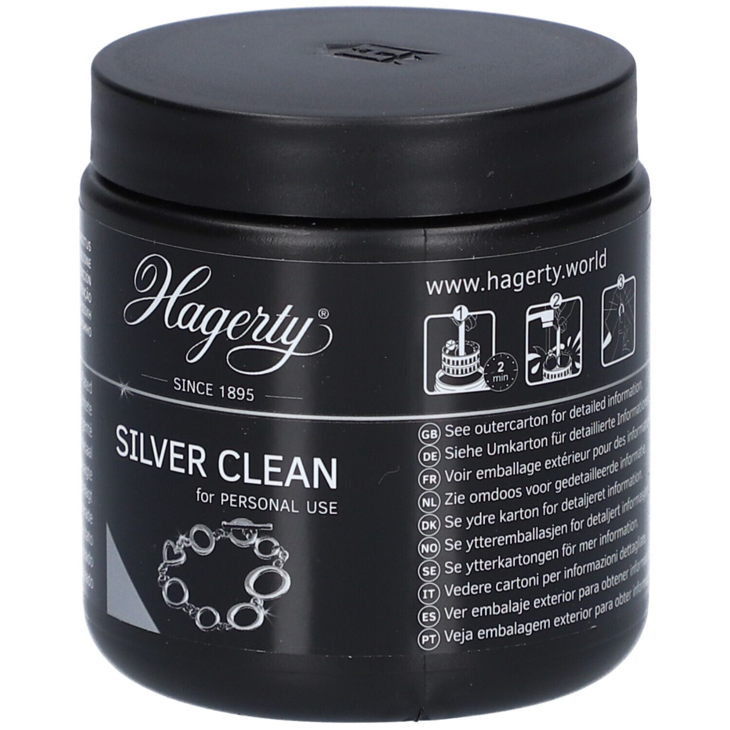 Schwarzes Gefäß mit Deckel. Aufschrift: Hagerty Silver Clean. Abbildung einer Kette. Für persönliche Nutzung.