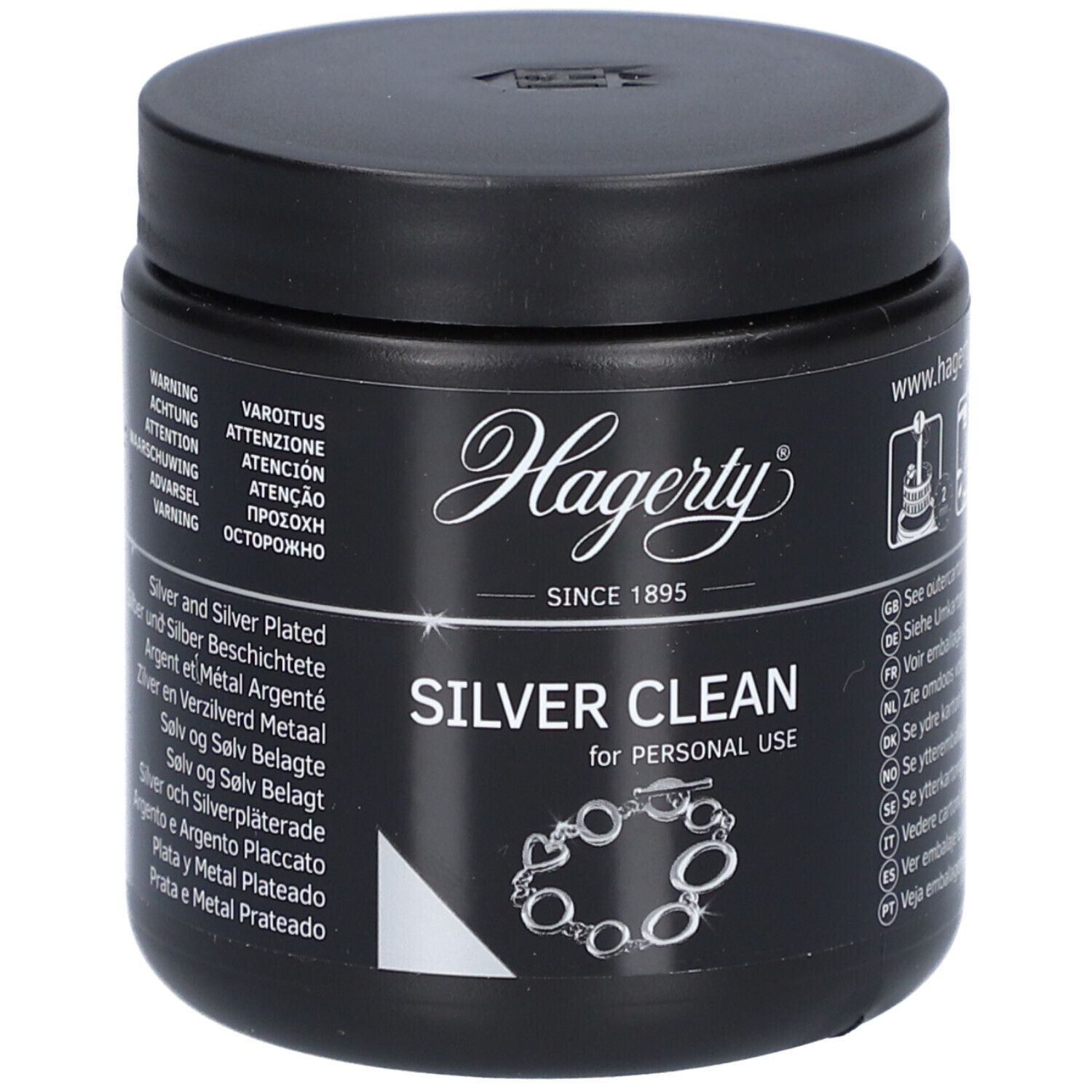 Schwarzes Gefäß mit Deckel. Aufschrift: Hagerty Silver Clean. Abbildung einer Kette. Für persönliche Nutzung.