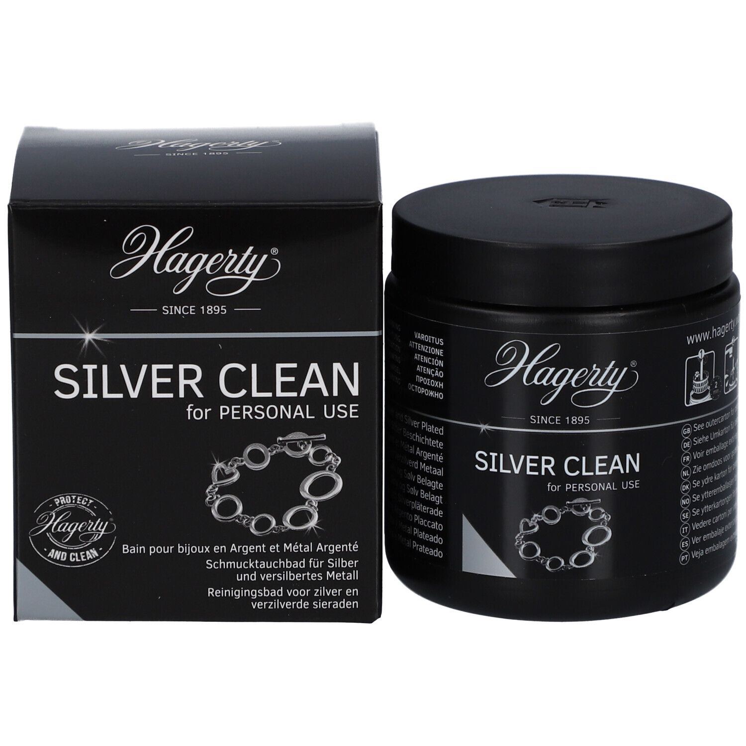Schwarzes Gefäß und Schachtel. Aufschrift: Hagerty Silver Clean. Abbildung einer Kette. Für persönliche Nutzung.