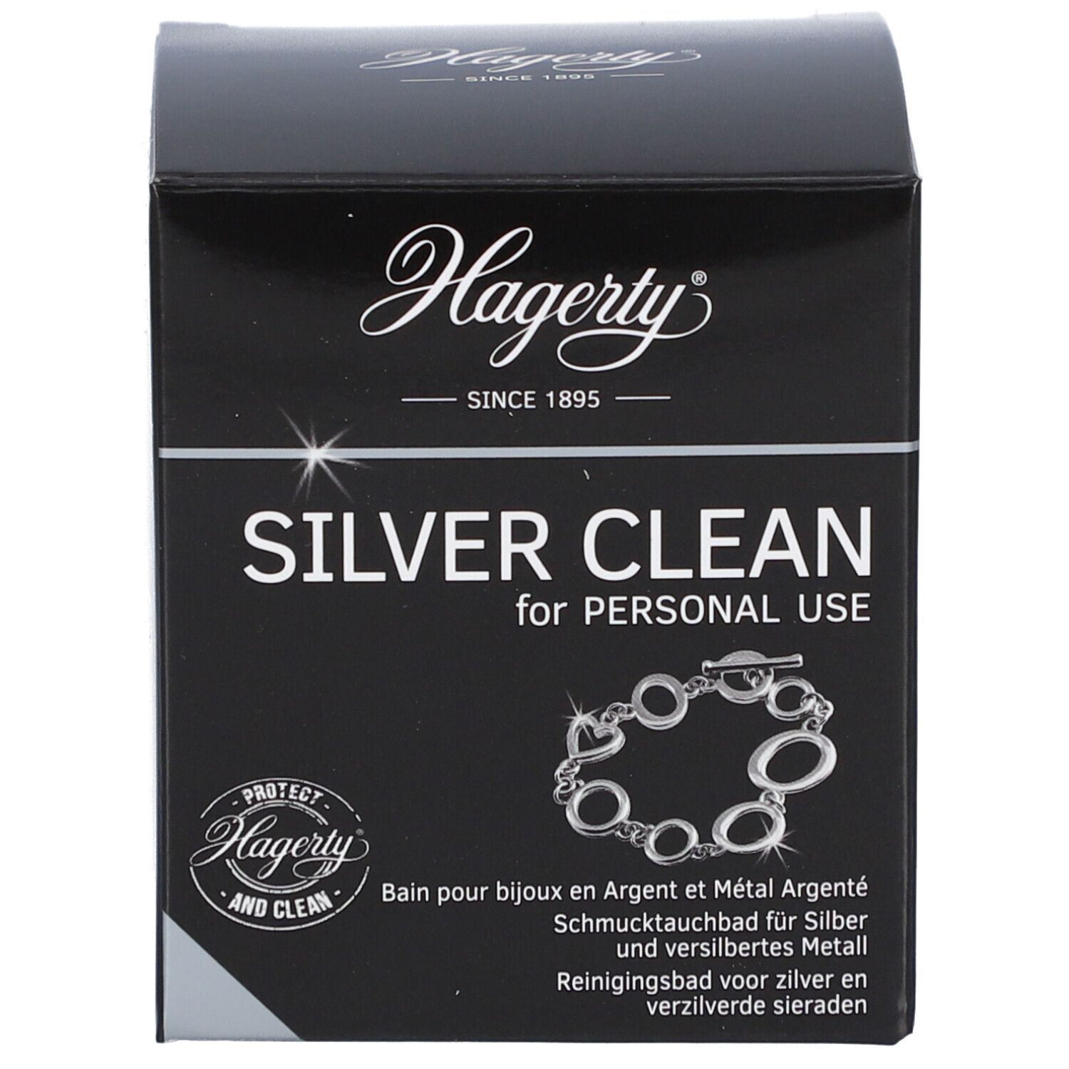 Schwarze Schachtel. Aufschrift: Hagerty Silver Clean. Abbildung einer Kette. Für persönliche Nutzung.