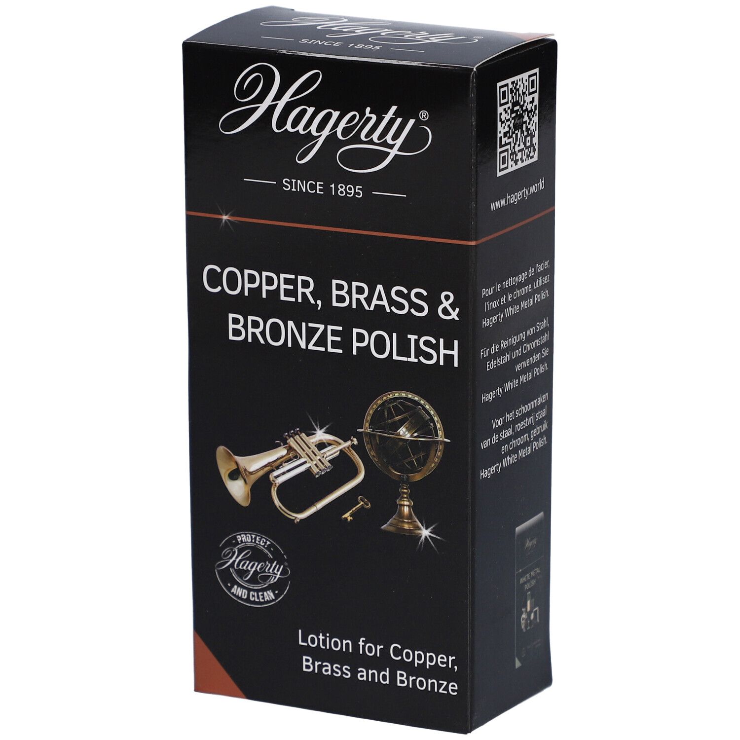 Schwarze Schachtel mit Hagerty-Logo und Produktbezeichnung: Kupfer-, Messing- und Bronzepolitur. Abbildung einer Trompete und eines Globus.