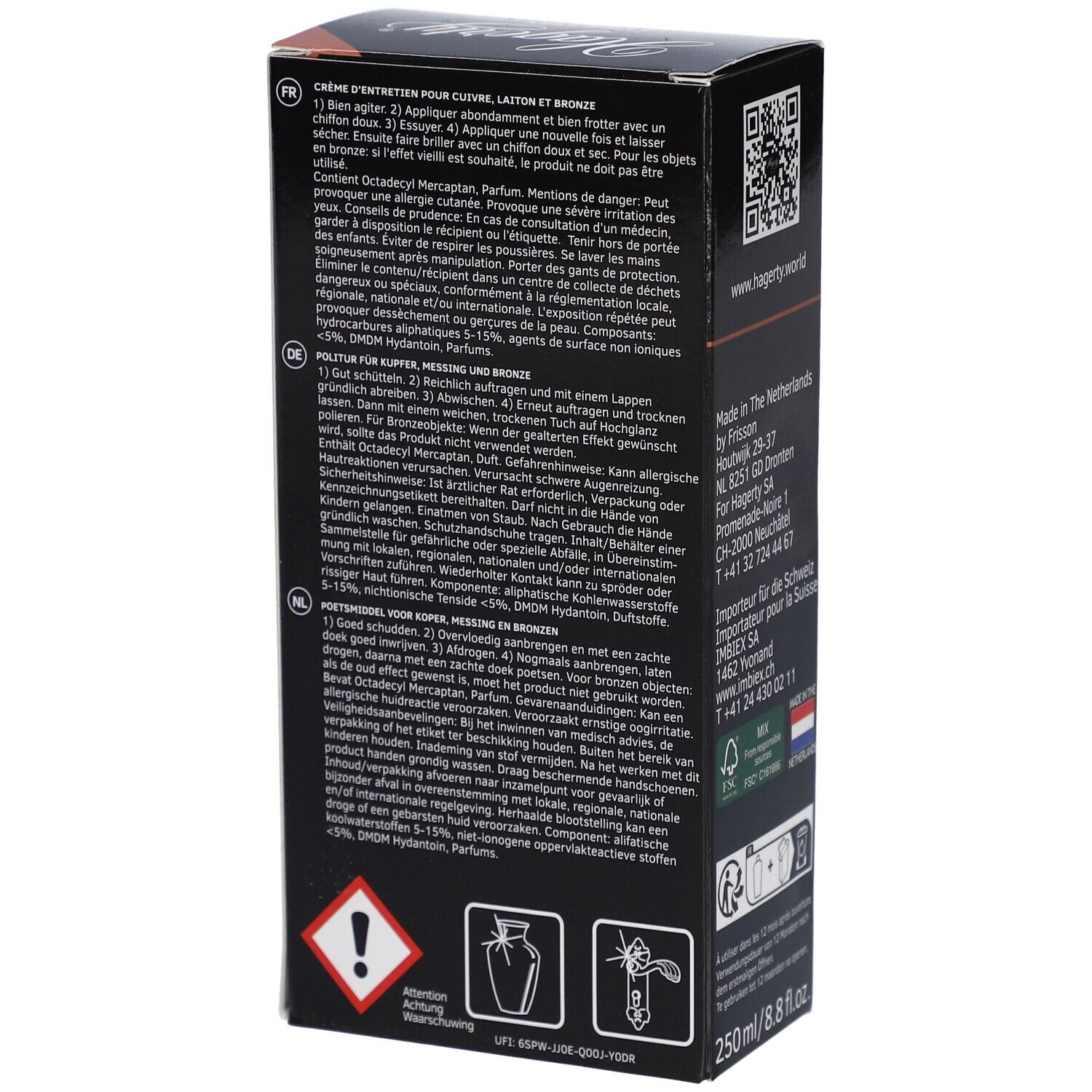 Schwarze Schachtel mit Text und Warnhinweisen. Text: Pflegecreme für Kupfer, Messing und Bronze. Gefahrensymbol und Hinweise.