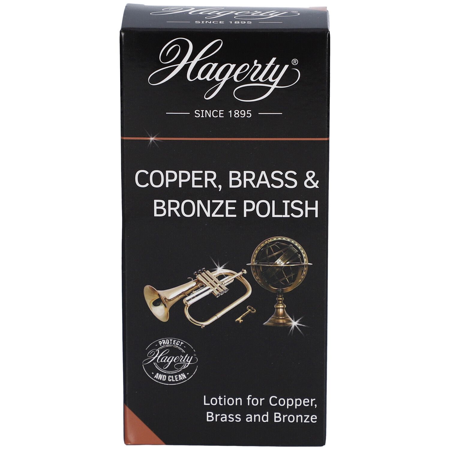 Schwarze Schachtel mit Hagerty-Logo und Produktbezeichnung: Kupfer-, Messing- und Bronzepolitur. Abbildung einer Trompete und eines Globus.