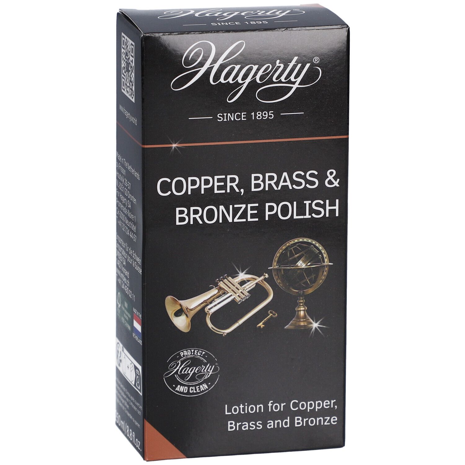Schwarze Schachtel mit Hagerty-Logo und Produktbezeichnung: Kupfer-, Messing- und Bronzepolitur. Abbildung einer Trompete und eines Globus.