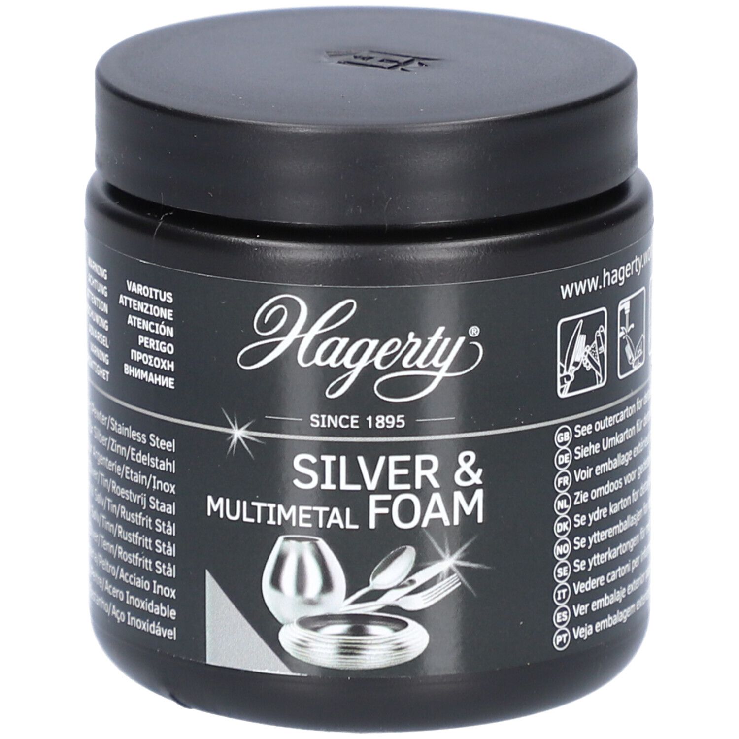 Pot noir Hagerty Silver & Multimetal Foam. Inscription Silver & Multimetal Foam. Illustration de couverts et de récipients.