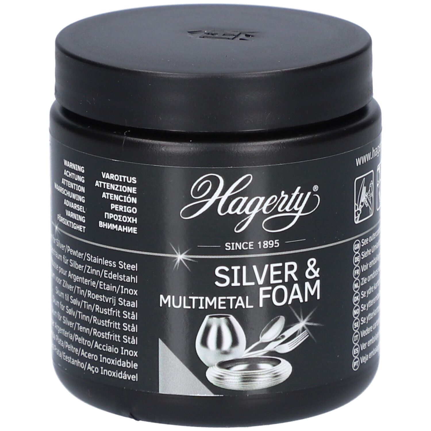 Pot noir Hagerty Silver & Multimetal Foam. Inscription Silver & Multimetal Foam. Illustration de couverts et de récipients.