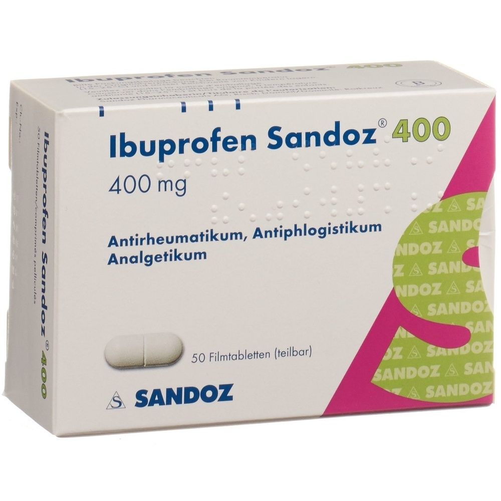 Kartonpackung mit der Aufschrift "Ibuprofen Sandoz Filmtabl 400 mg". Rosa und grüne Akzente. Sandoz Logo.