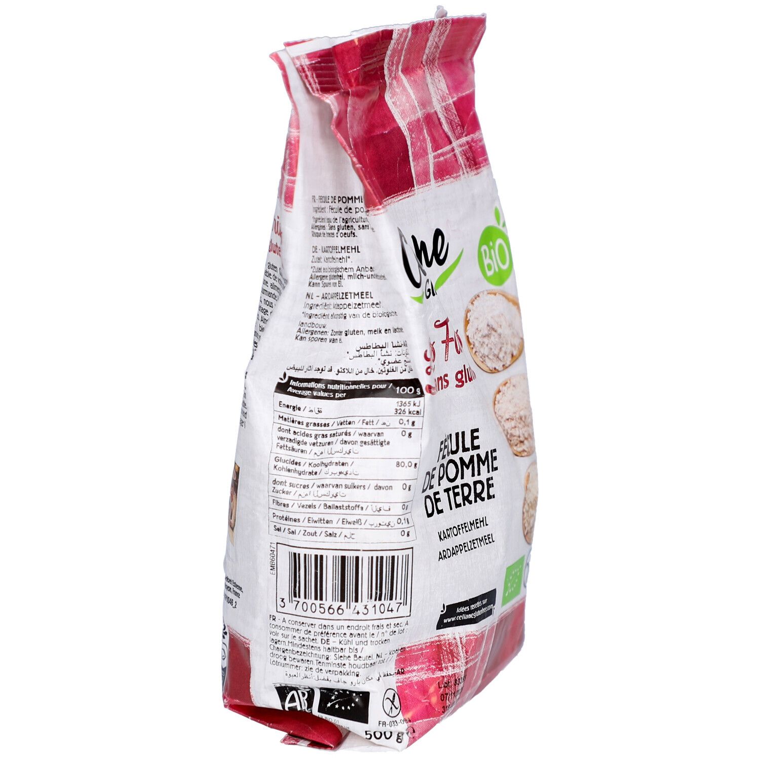 Dos du paquet de fécule de pomme de terre Céliane. Contient des informations nutritionnelles, un code-barres et un label bio. Motif à carreaux rouges.