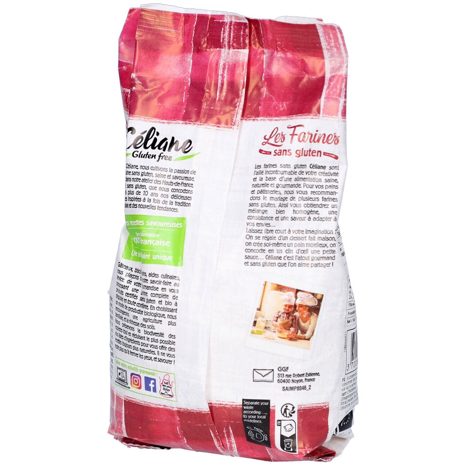 Dos du paquet de fécule de pomme de terre Céliane. Texte sur le produit et label bio. Motif à carreaux rouges.