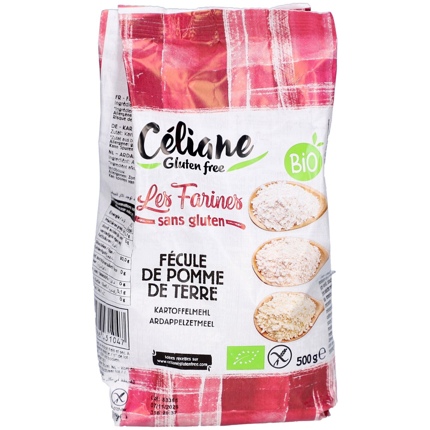 Paquet de fécule de pomme de terre sans gluten Céliane. Sac blanc à carreaux rouges. Nom du produit, label bio et 500g.