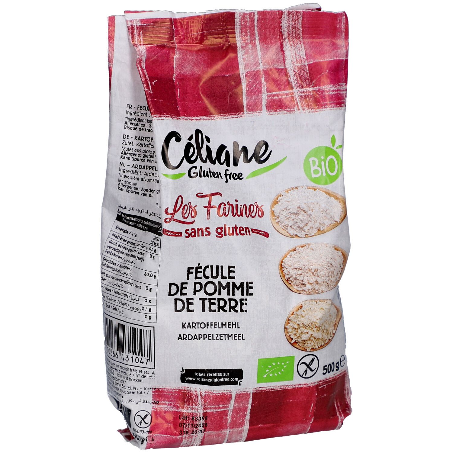 Paquet de fécule de pomme de terre sans gluten Céliane. Sac blanc à carreaux rouges. Nom du produit, label bio et 500g.