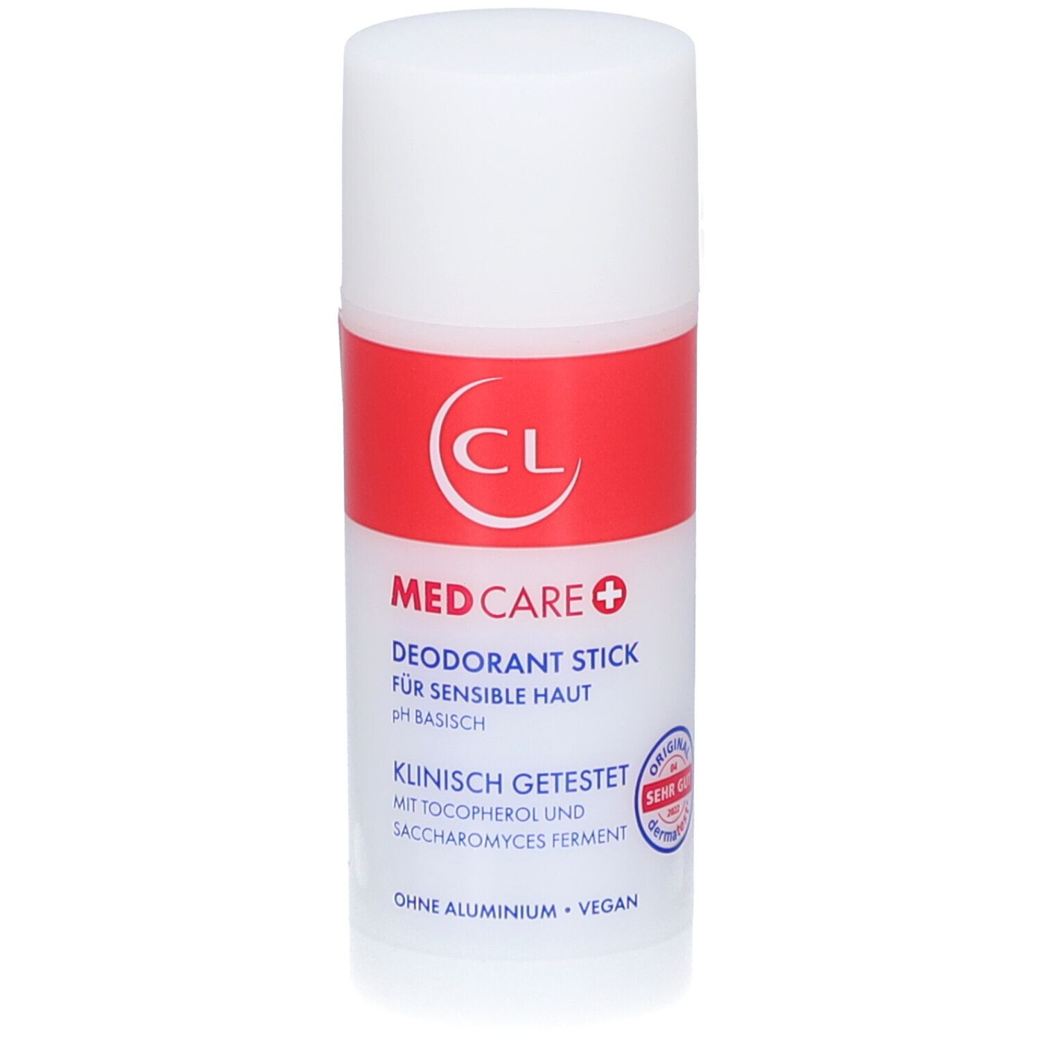 Weißer Deostick mit rotem Band. Aufschrift: MED CARE+, Deodorant Stick, pH basisch, klinisch getestet. Ohne Aluminium, vegan.
