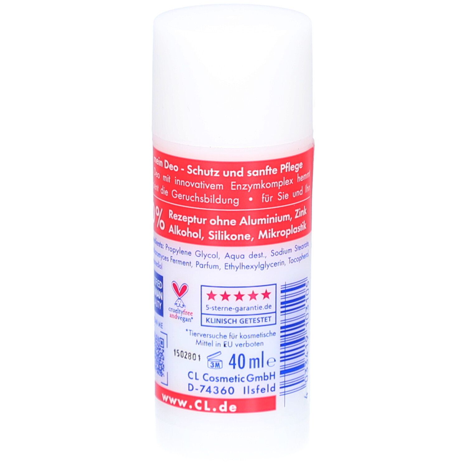 Deostick-Rückseite. Aufschrift: 0% Alkohol, Silikone, Mikroplastik. 5-Sterne-Garantie. 40 ml. Vegan-Siegel. CL Cosmetic GmbH.