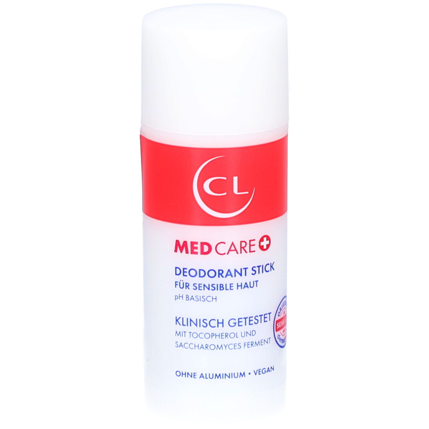 Weißer Deostick mit rotem Band. Aufschrift: MED CARE+, Deodorant Stick, pH basisch, klinisch getestet. Ohne Aluminium, vegan.