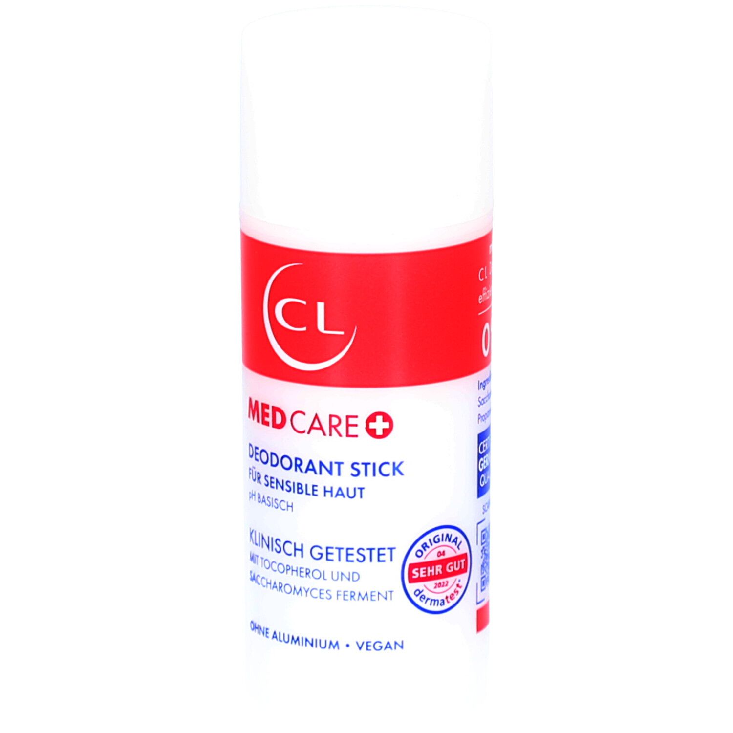 Weißer Deostick mit rotem Band. Aufschrift: MED CARE+, Deodorant Stick, pH basisch, klinisch getestet. Original, sehr gut dermatologisch.