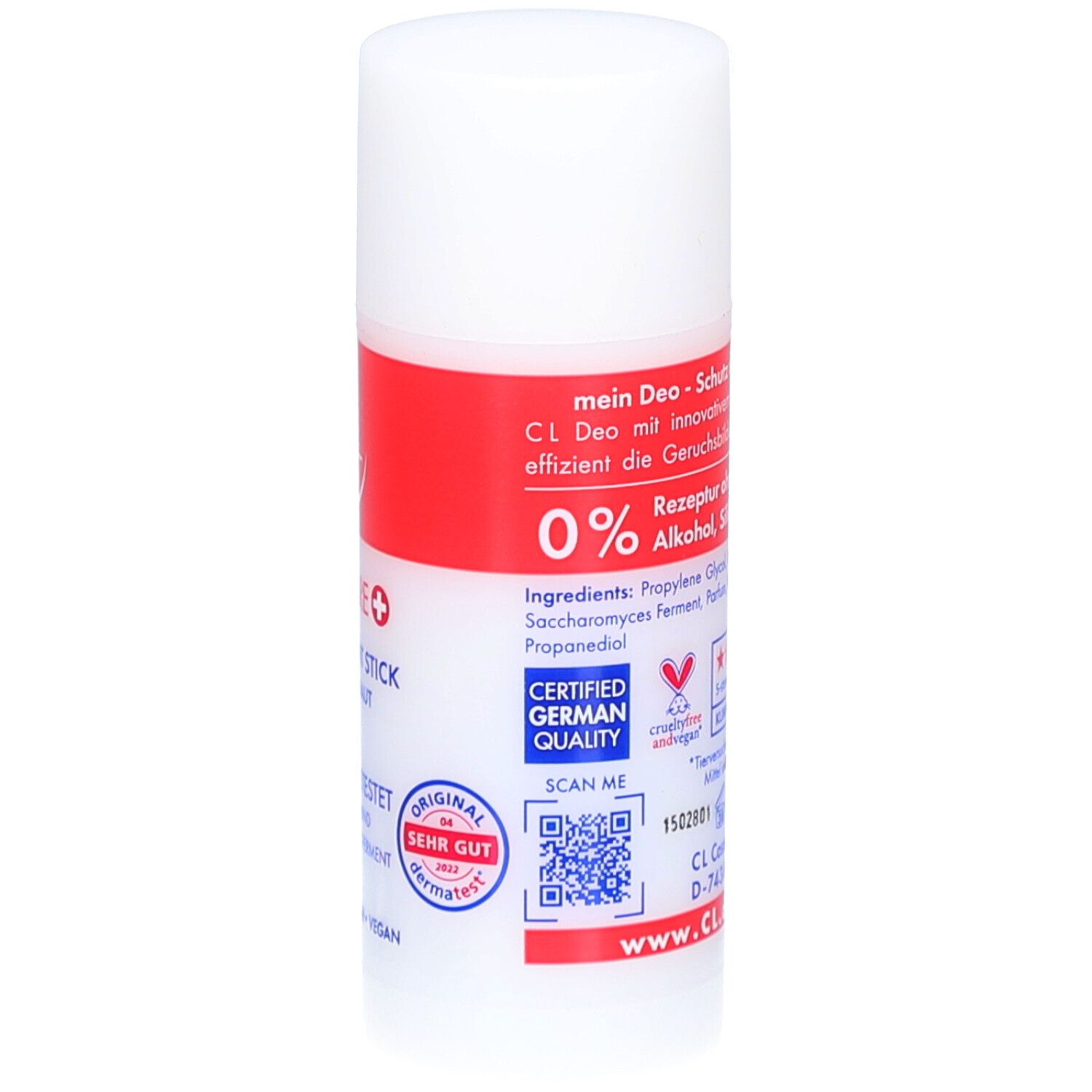 Deostick-Rückseite. Aufschrift: 0% Alkohol, Rezeptur ohne Aluminium. Zertifizierte Qualität. Vegan-Siegel. QR-Code. Sehr gut dermatologisch.