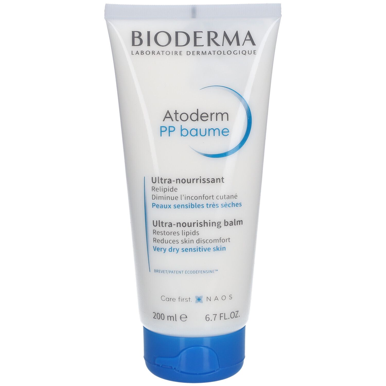 Weiße Tube mit blauem Deckel. BIODERMA-Logo und Produktbezeichnung Atoderm PP Baume. Text in mehreren Sprachen.