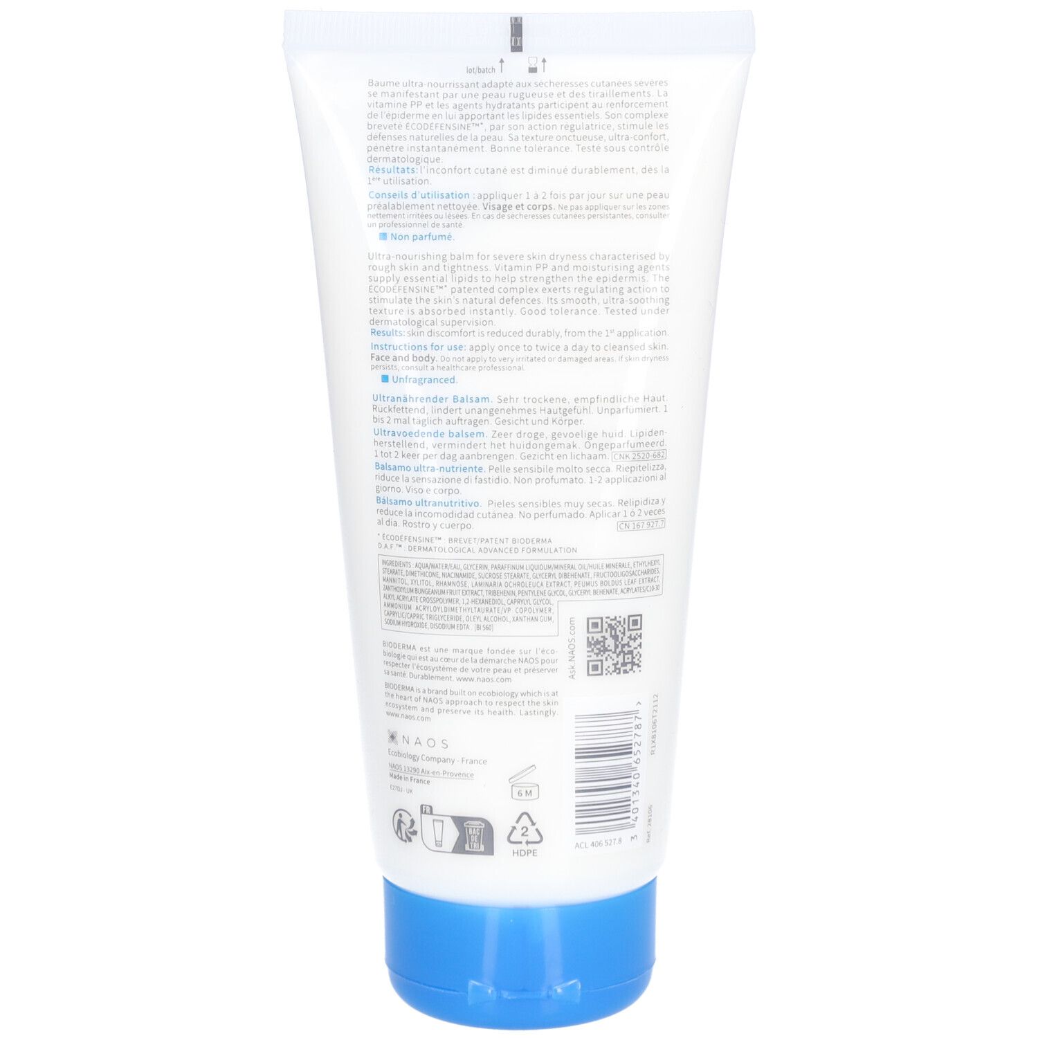 Rückseite der weißen Tube mit blauem Deckel. Text in mehreren Sprachen, QR-Code und Logos.