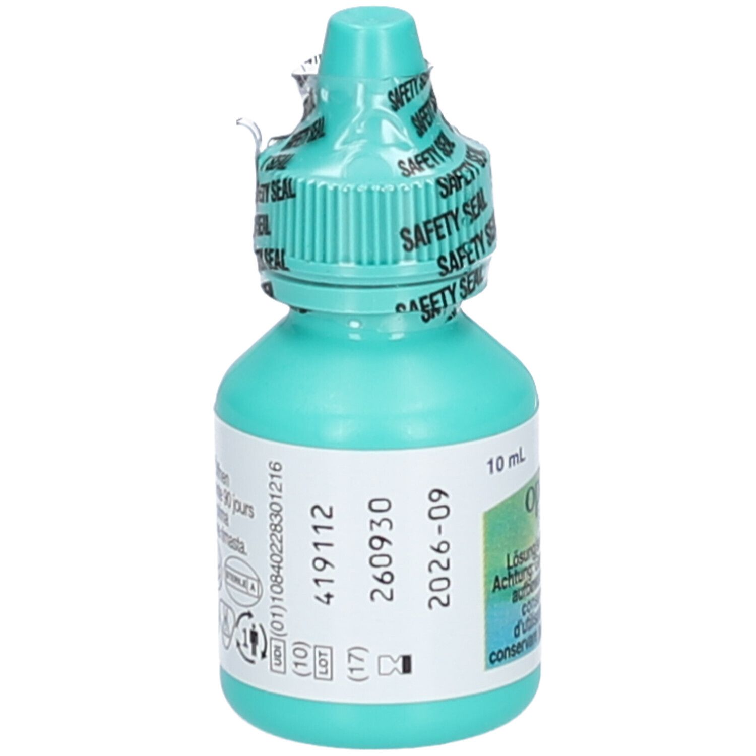 Flacon de gouttes ophtalmiques turquoise avec bouchon vert et sécurité. Inscription : Safety Seal. 10 ml.