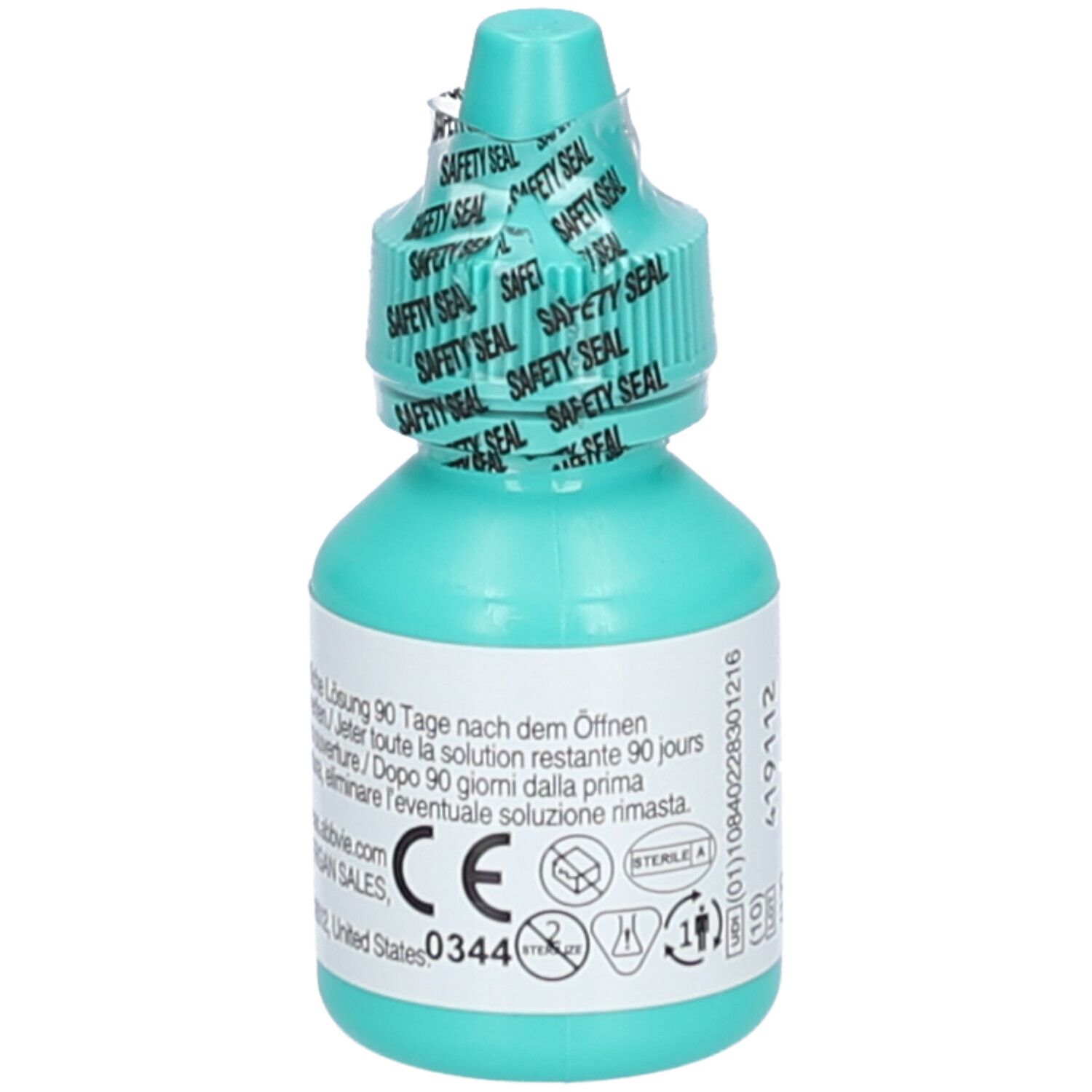 Vue arrière du flacon de gouttes ophtalmiques turquoise. Inscription : marquage CE, date de péremption, numéro de lot, 10 ml.