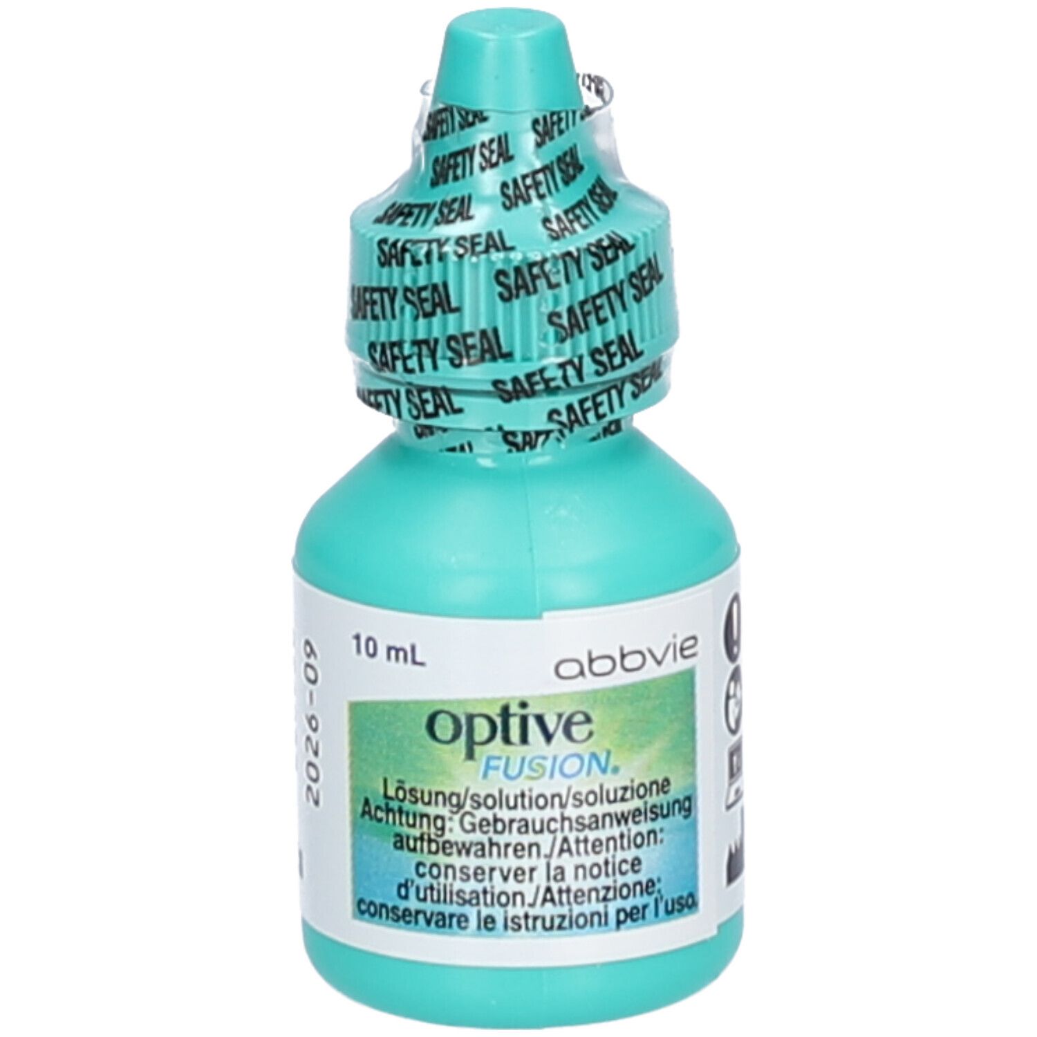 Flacon de gouttes ophtalmiques turquoise. Inscription : Optive Fusion, 10 ml, date de péremption, numéro de lot, mode d'emploi.