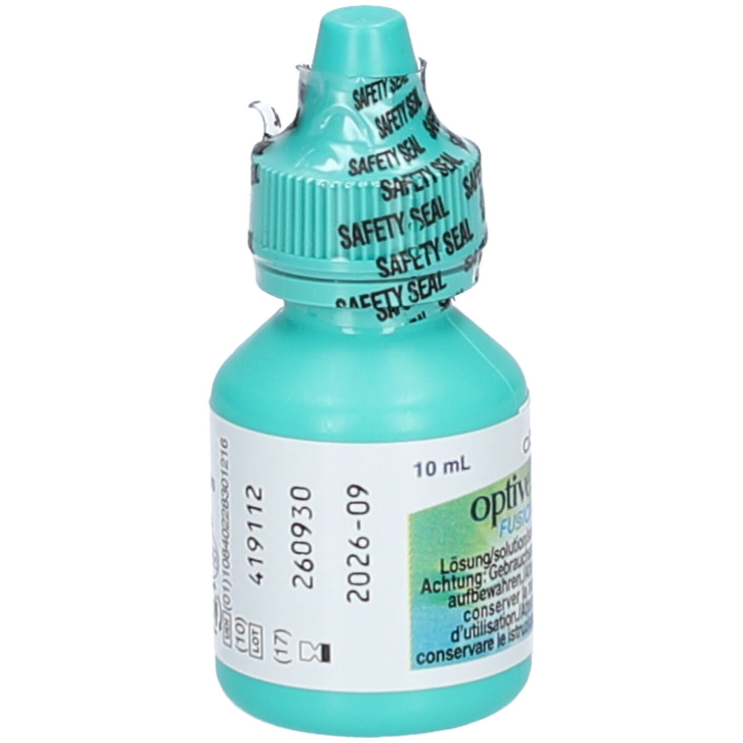 Flacon de gouttes ophtalmiques turquoise. Inscription : Optive Fusion, 10 ml, date de péremption, numéro de lot.