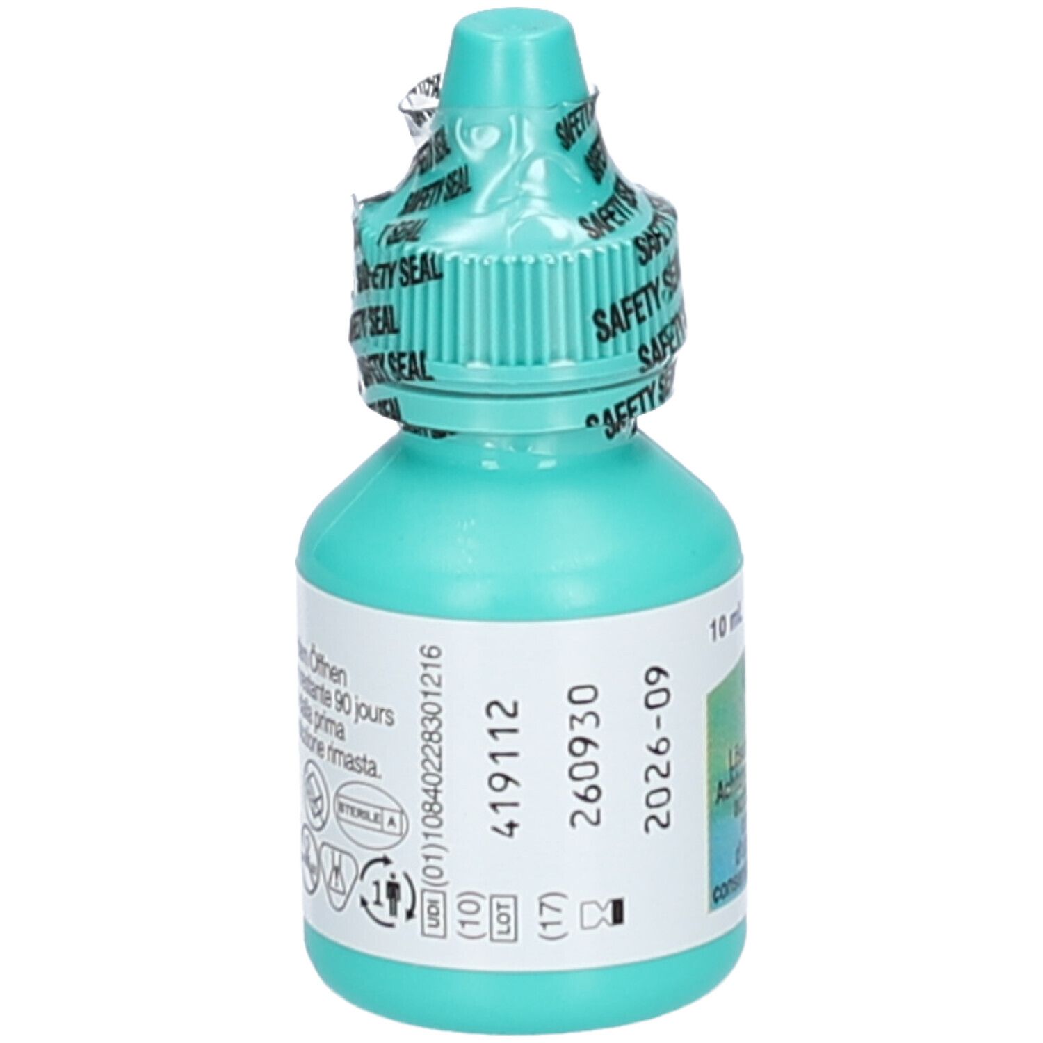 Flacon de gouttes ophtalmiques turquoise. Inscription : Optive Fusion, 10 ml, date de péremption, numéro de lot, marquage CE.