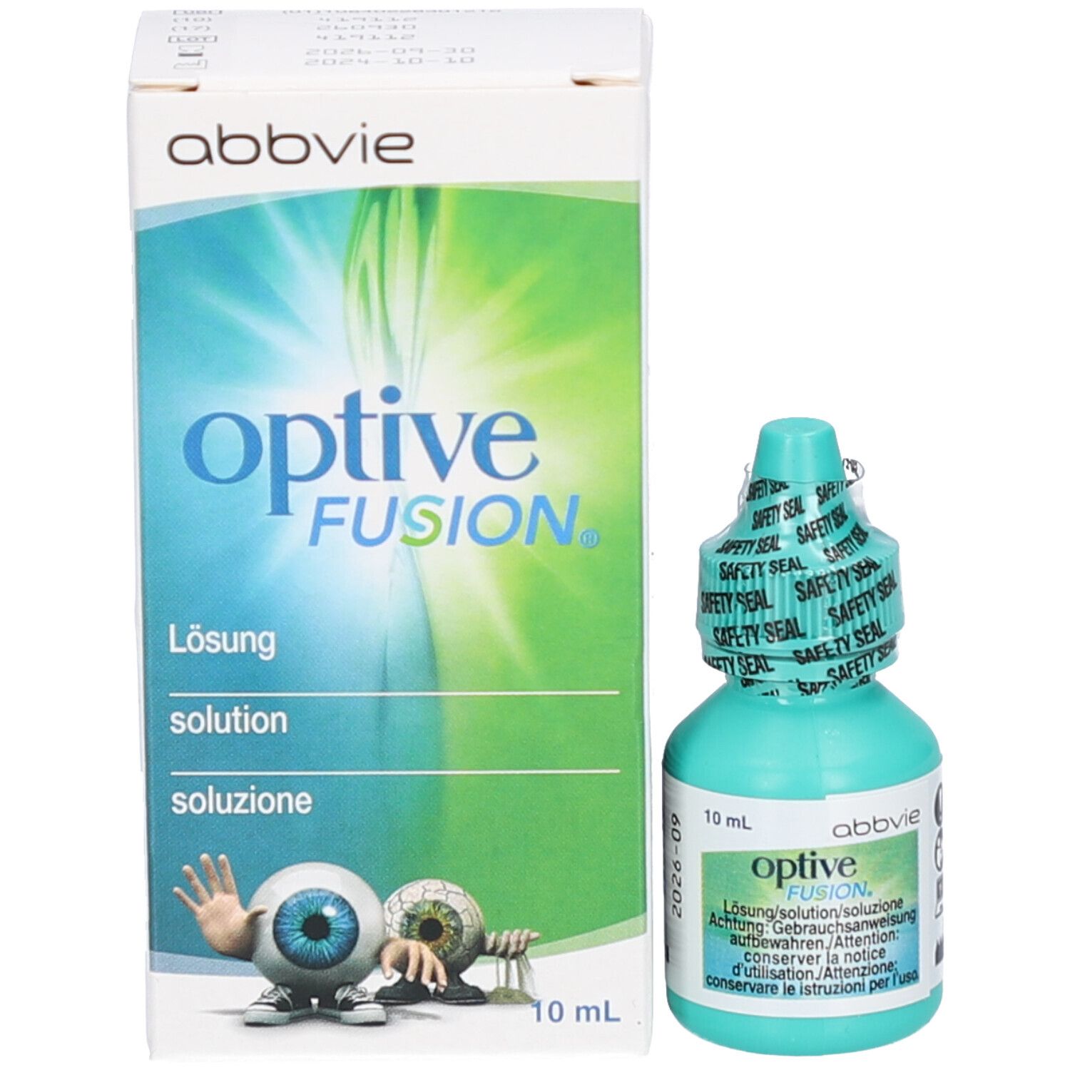 Flacon de gouttes ophtalmiques et boîte. Inscription : Optive Fusion, solution, 10 ml. Illustration : œil avec personnage de dessin animé.