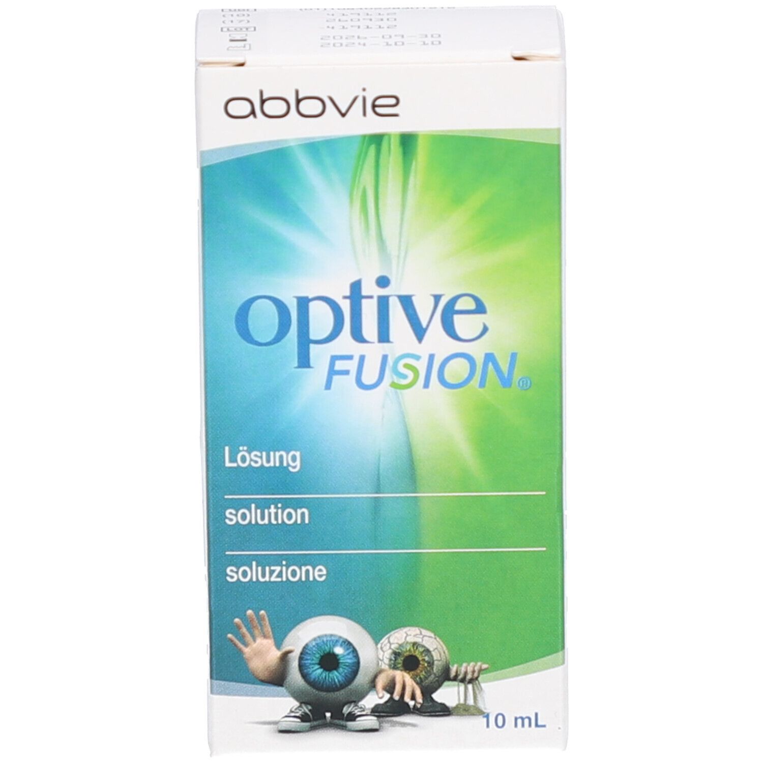 Boîte avec inscription : Optive Fusion, solution, 10 ml. Illustration : œil avec personnage de dessin animé.