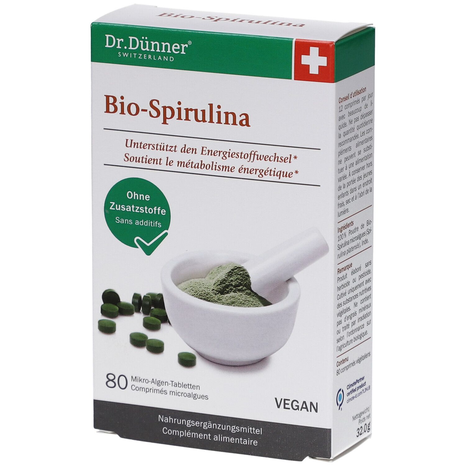 Boîte de comprimés Bio-Spirulina. Contient 80 comprimés. Vegan. Avec croix suisse et logo Dr. Dünner.