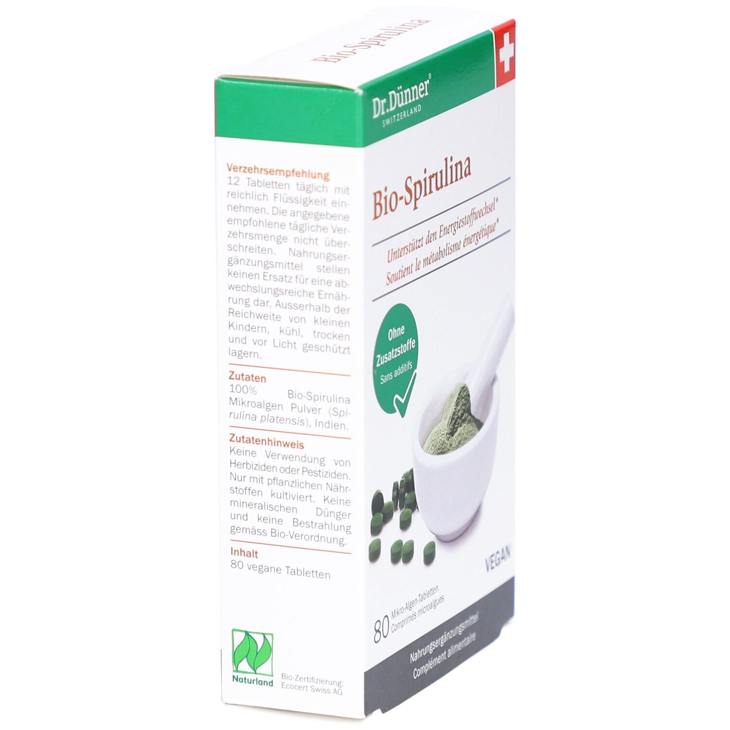 Vue latérale de l'emballage Bio-Spirulina. Contient 80 comprimés. Vegan. Avec croix suisse et logo Dr. Dünner.