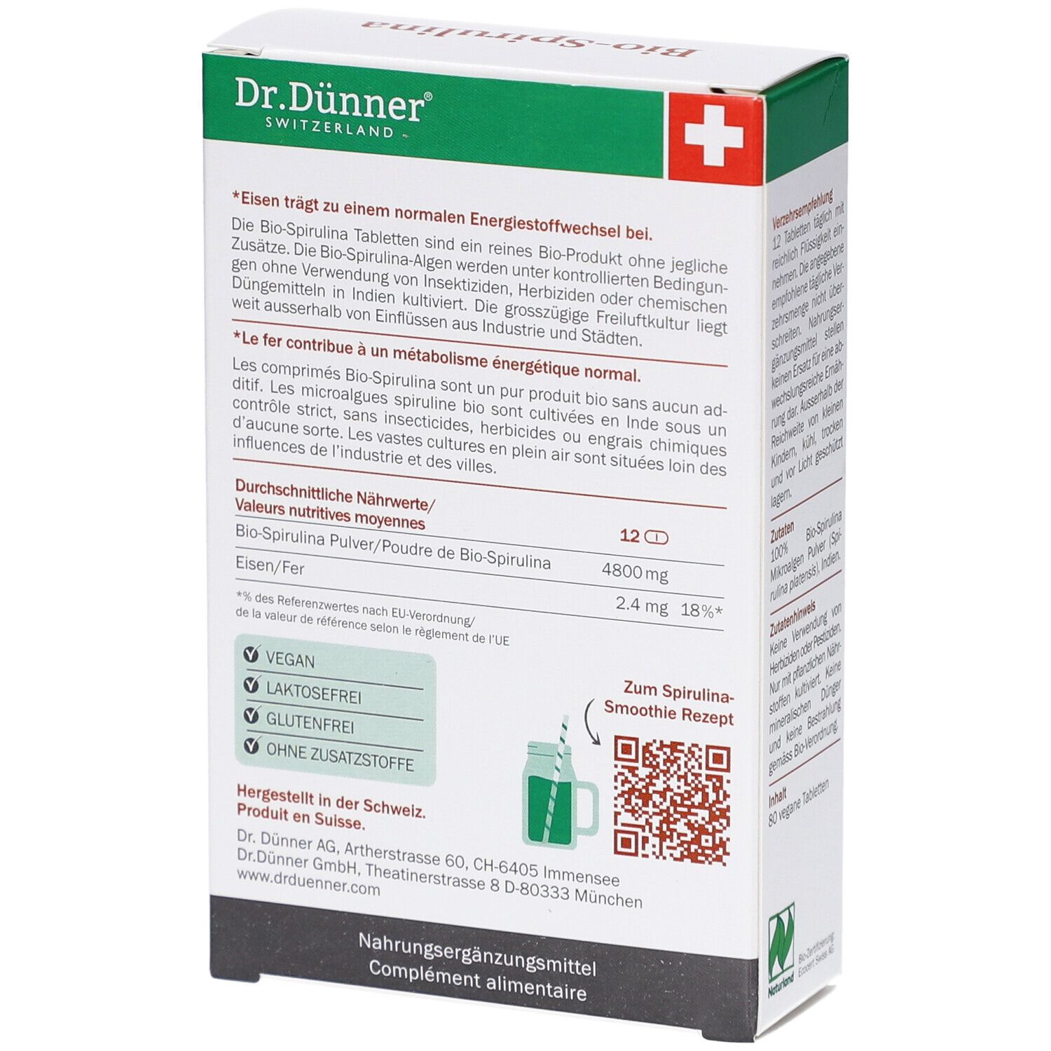 Dos de l'emballage Bio-Spirulina. Contient des informations nutritionnelles. Vegan, sans lactose, sans gluten, sans additifs.