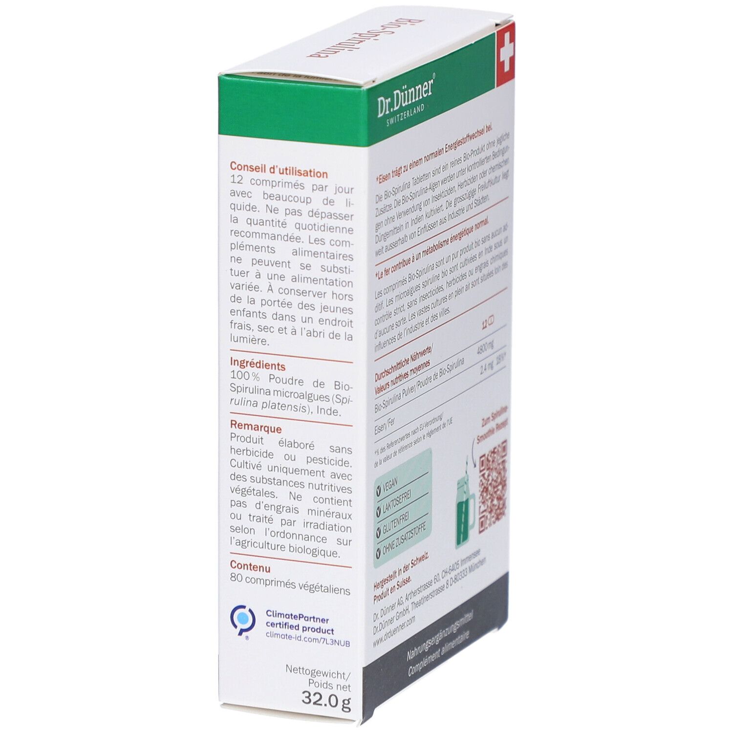 Vue latérale de l'emballage Bio-Spirulina. Contient des informations d'utilisation et des ingrédients. Vegan, 32g.