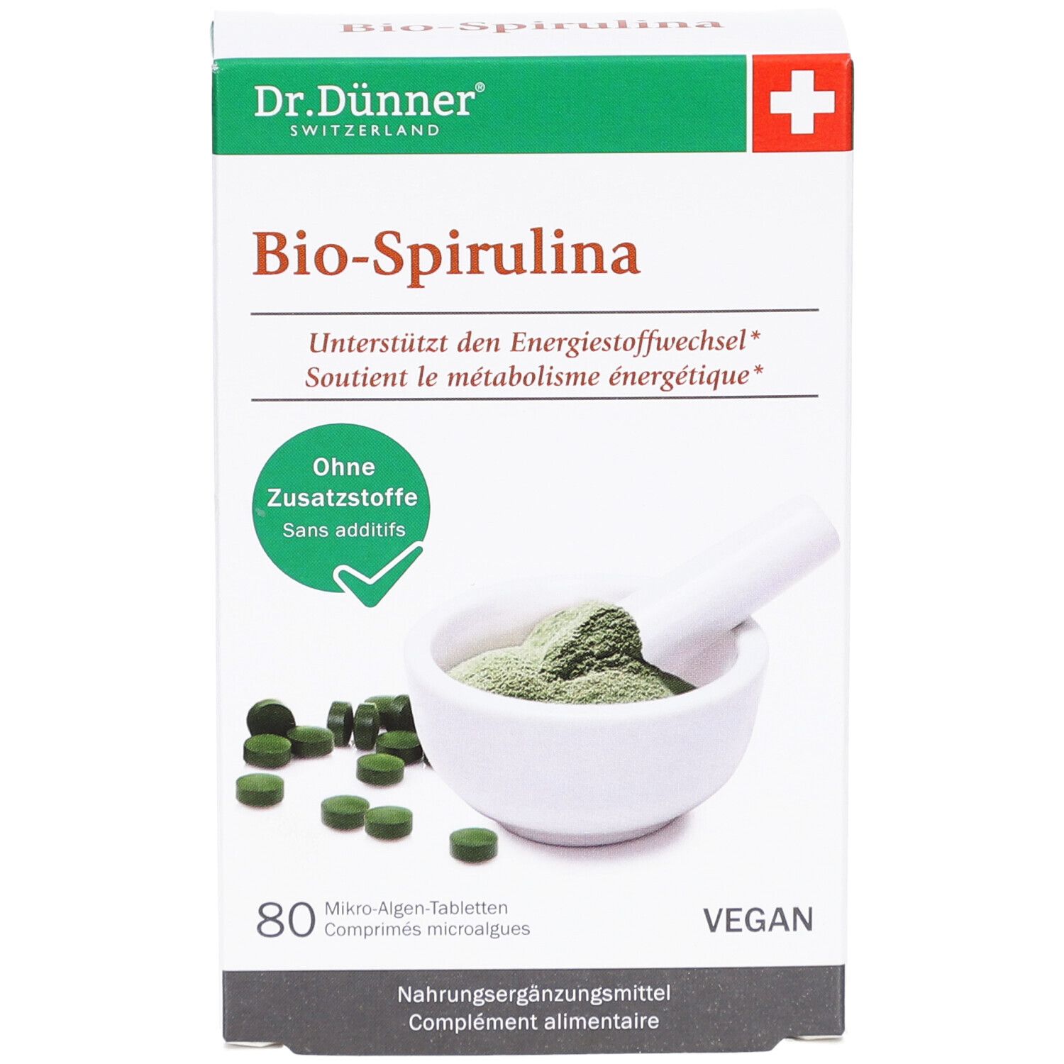 Boîte de comprimés Bio-Spirulina. Contient 80 comprimés. Vegan. Avec croix suisse et logo Dr. Dünner.