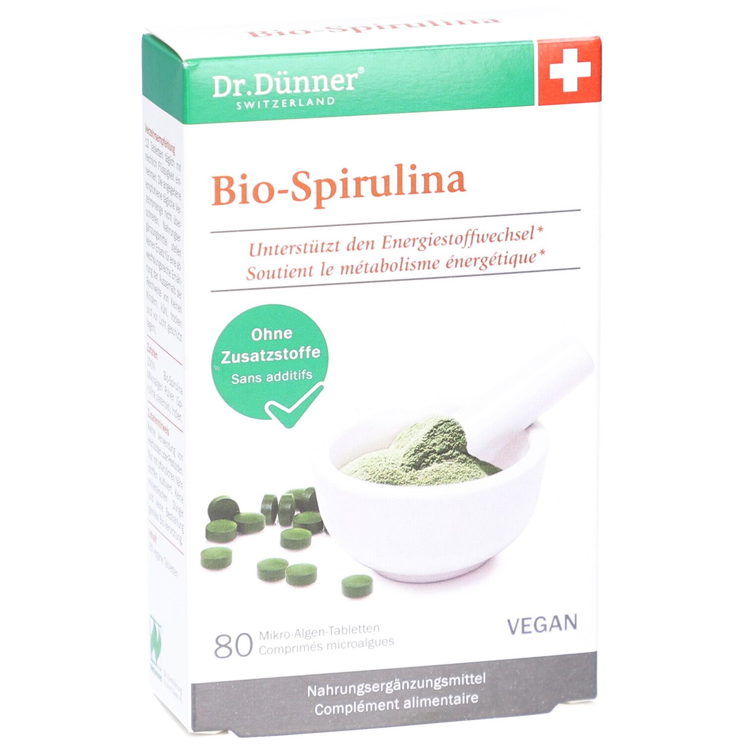 Boîte de comprimés Bio-Spirulina. Contient 80 comprimés. Vegan. Avec croix suisse et logo Dr. Dünner.