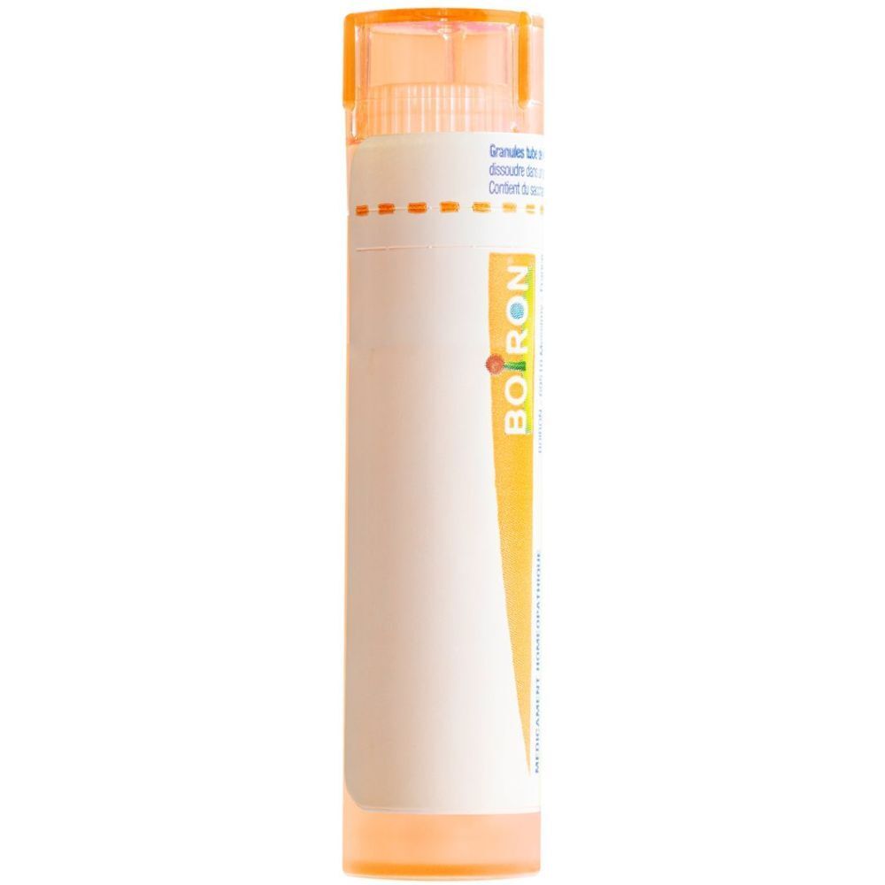 Emballage cylindrique blanc avec couvercle orange. Inscription BOIRON et texte. Contient de petits granules.