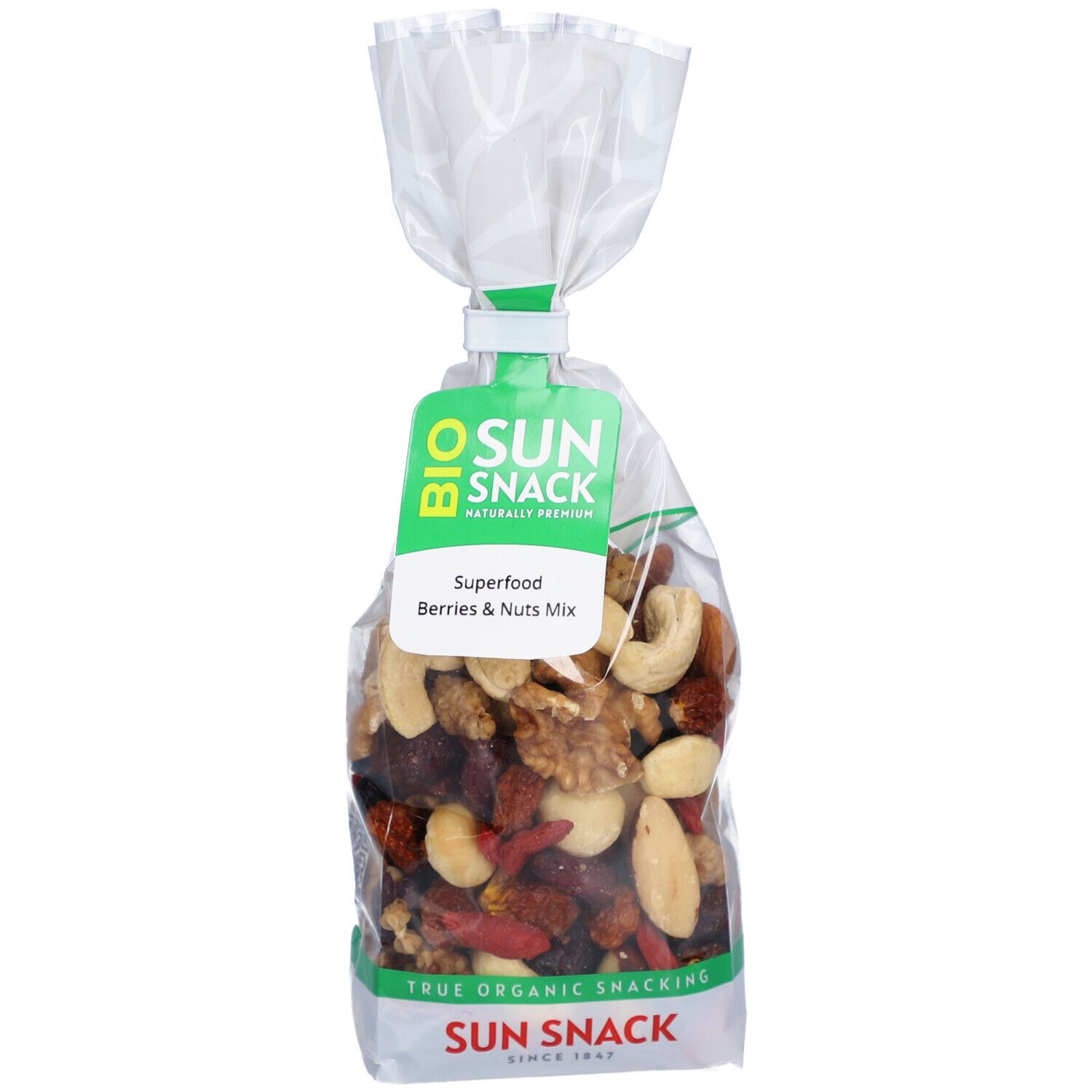 Transparente Tüte mit BIO SUN SNACK Superfood Beeren & Nüsse Mix. Sichtbar sind Nüsse und Trockenfrüchte. Aufkleber mit Logo und Text.