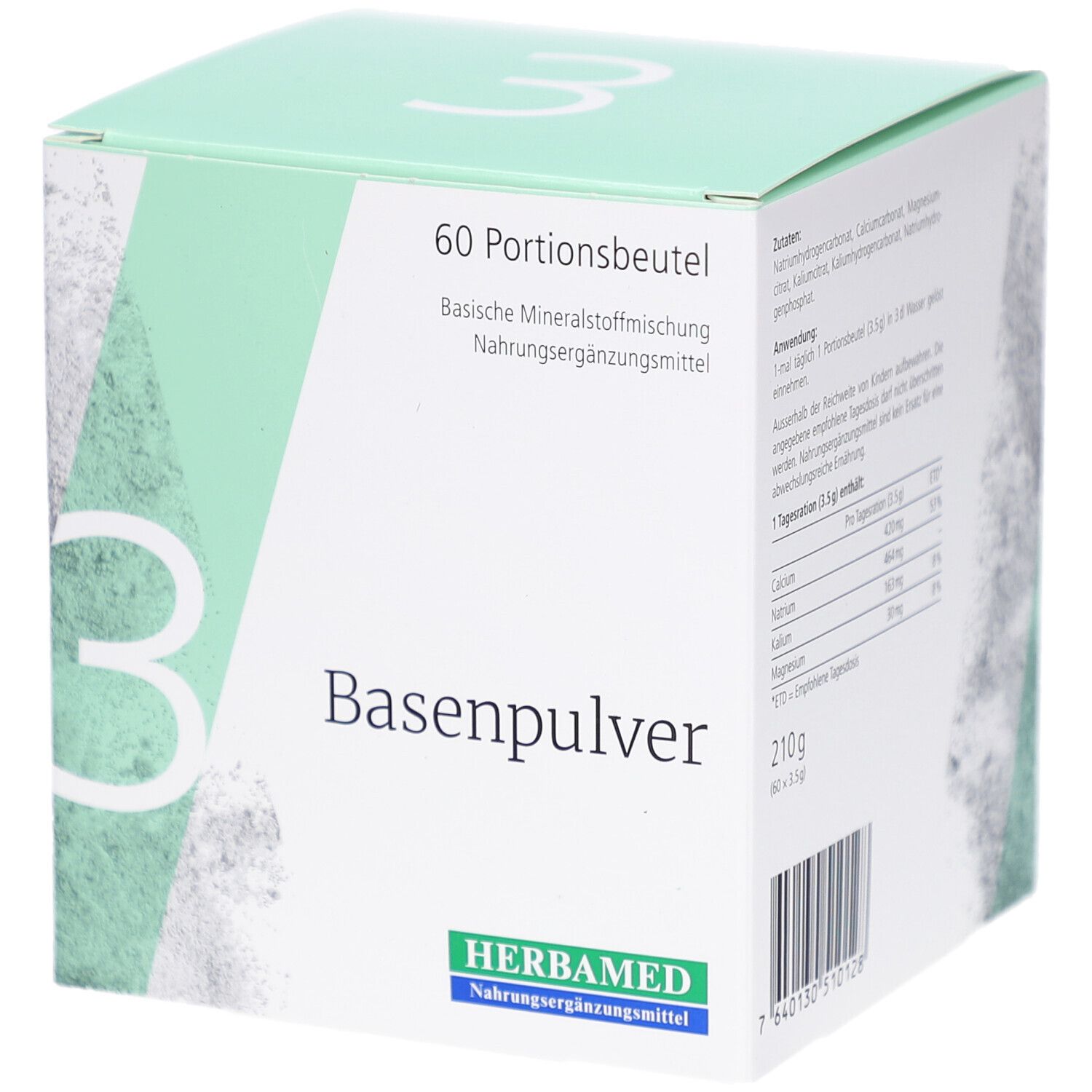 Karton mit HERBAMED Basenpulver III. 60 Portionenbeutel. Weiße Box mit grünen Akzenten und Produktinformationen.