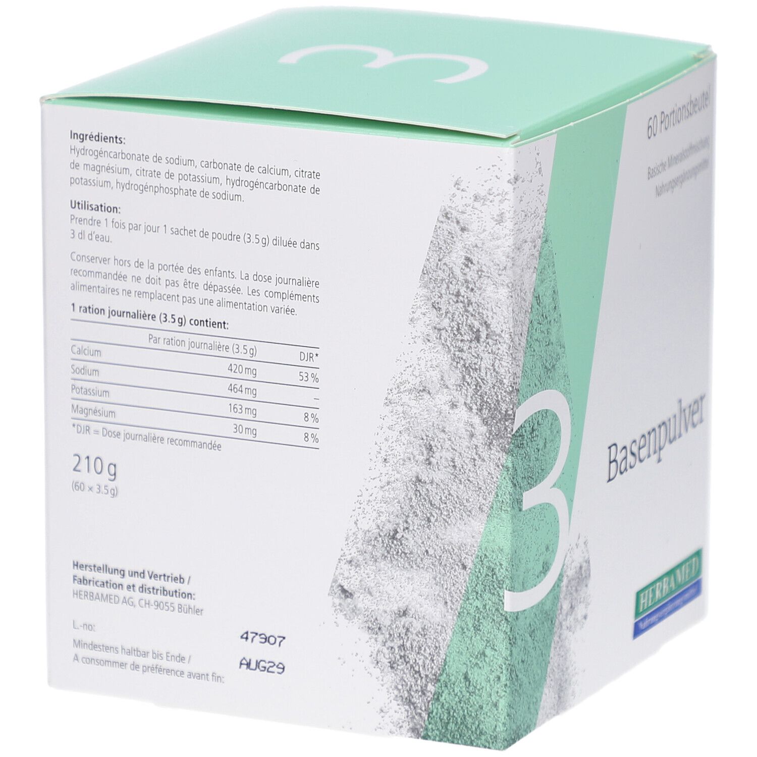 Rückseite der HERBAMED Basenpulver III Box. Enthält Inhaltsstoffe, Anwendungshinweise und Nährwertangaben.