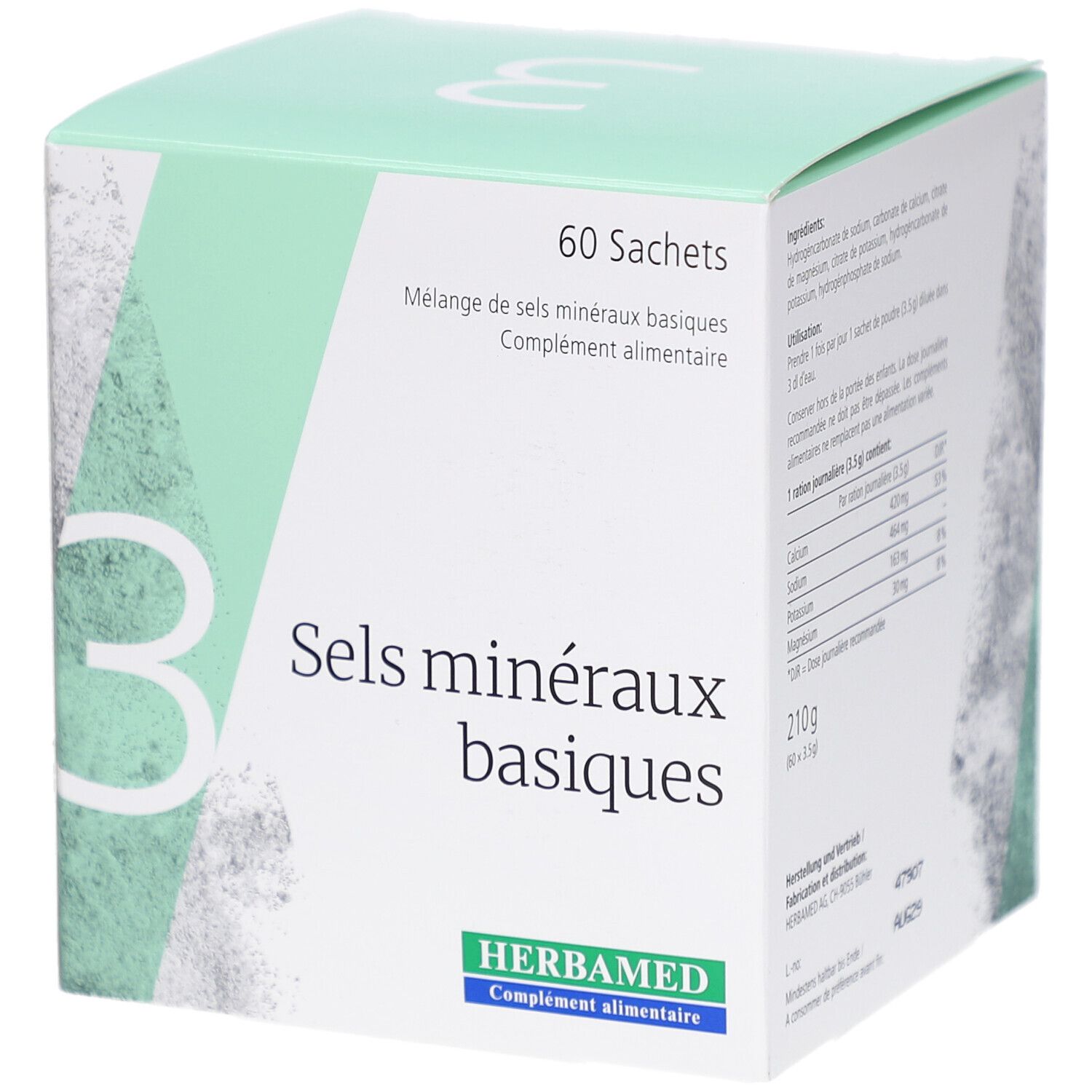 HERBAMED Basenpulver III Box. 60 Sachets. Produktname: Sels minéraux basiques. Grüne und weiße Verpackung.