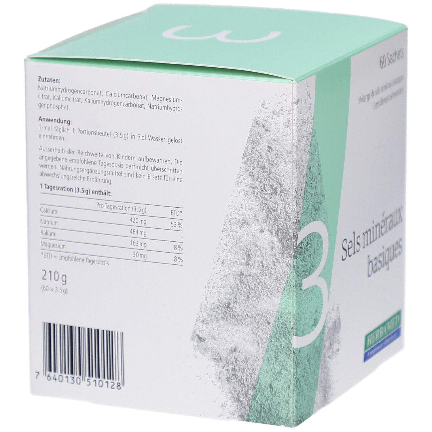 Rückseite der HERBAMED Basenpulver III Box. Enthält Zutaten, Anwendung und Nährwertangaben. 210g.