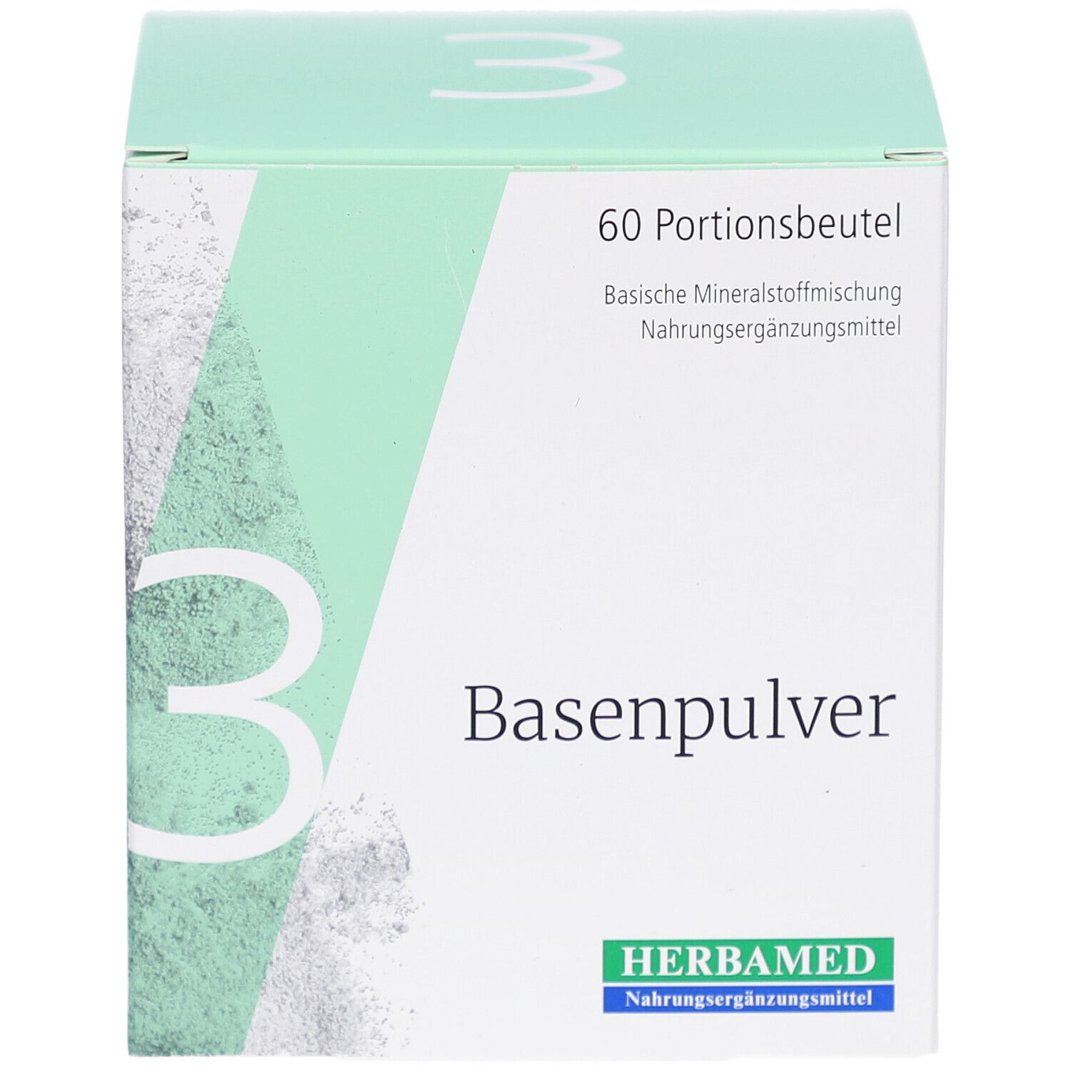 HERBAMED Basenpulver III Box. 60 Portionenbeutel. Weiße Box mit grünen Akzenten und Produktinformationen.