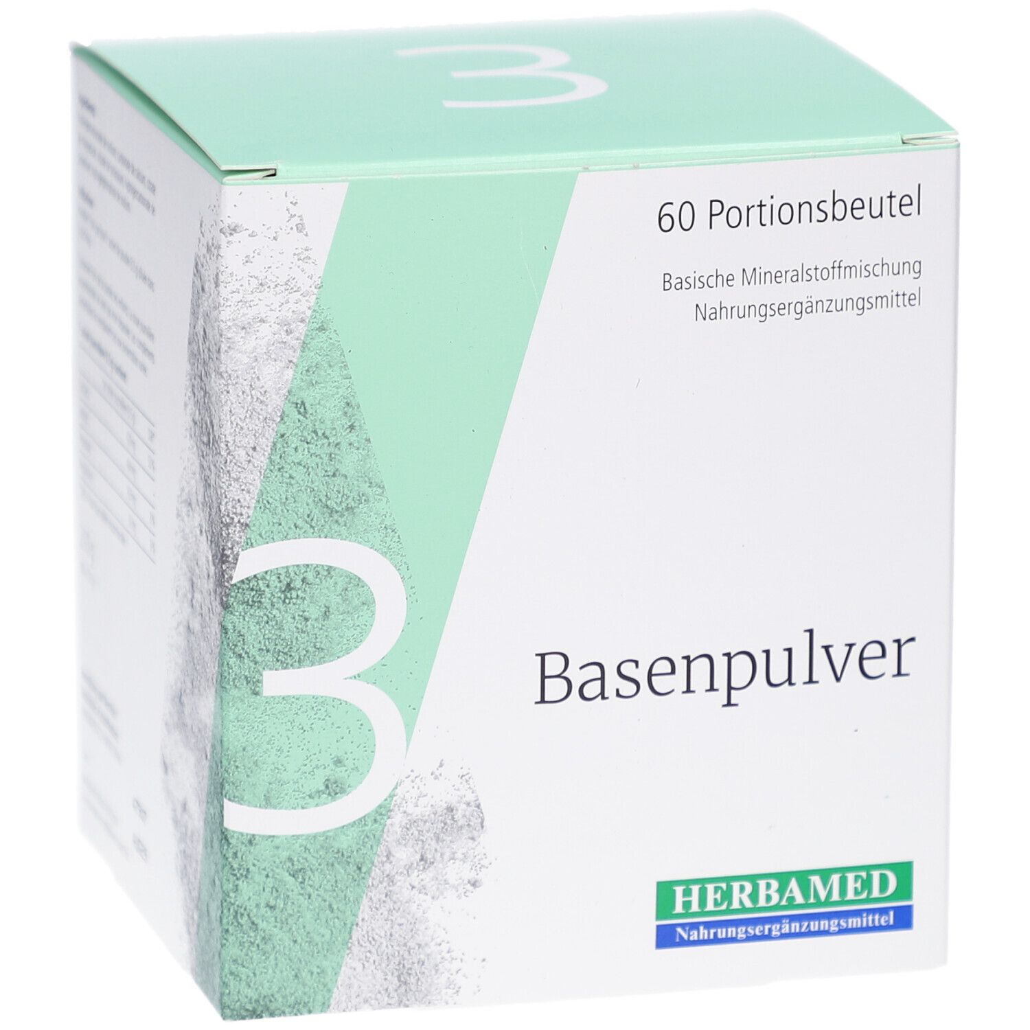 HERBAMED Basenpulver III Box. 60 Portionenbeutel. Weiße Box mit grünen Akzenten und Produktinformationen.
