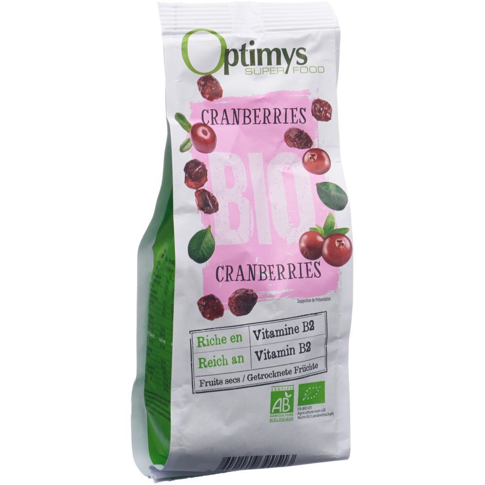 Emballage blanc OPTIMYS Cranberries Bio. Illustration de canneberges. Texte: Cranberries, BIO, Vitamine B2. Label AB-Bio.