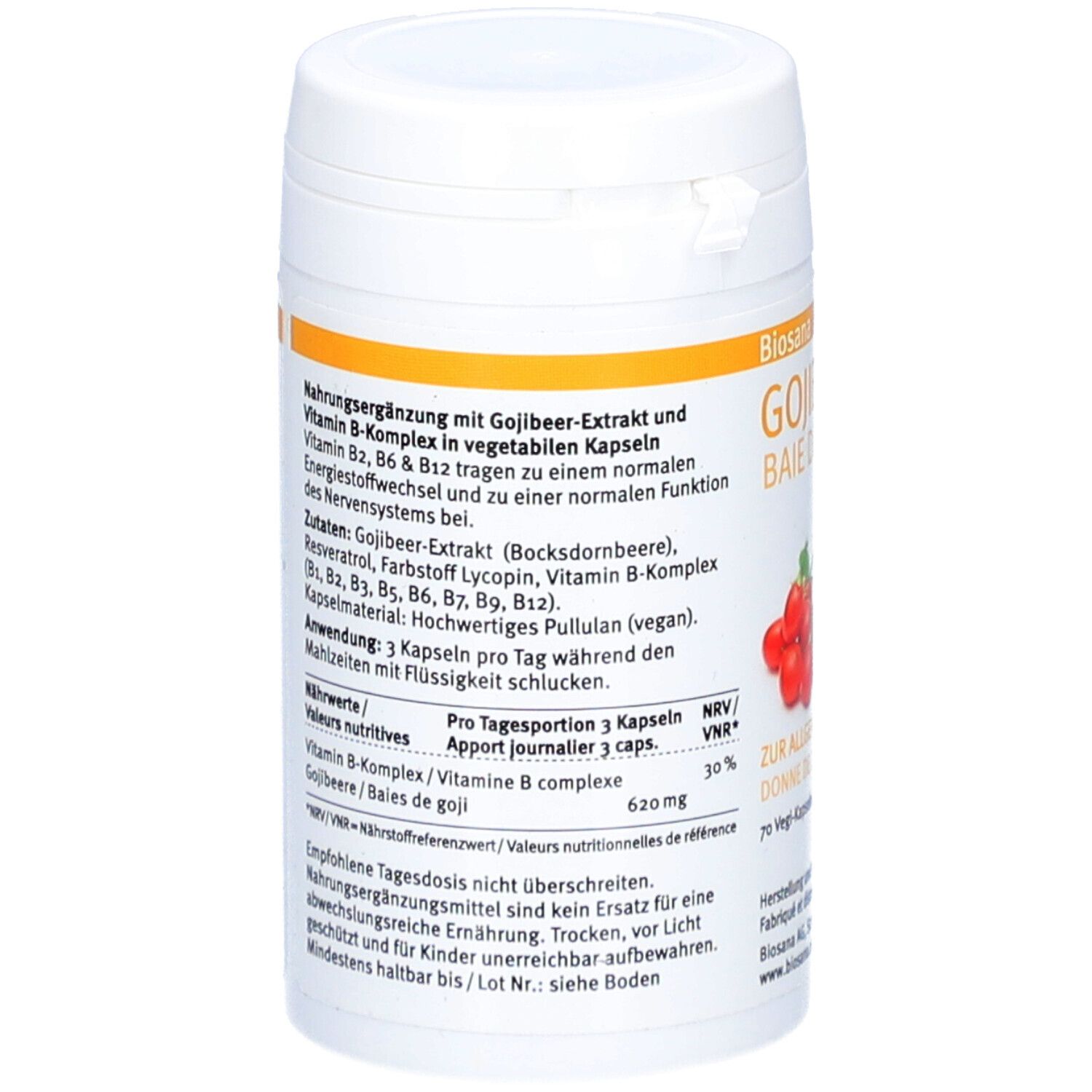 Dos de la boîte blanche. Texte en allemand. Ingrédients, informations nutritionnelles et instructions d'utilisation imprimées.